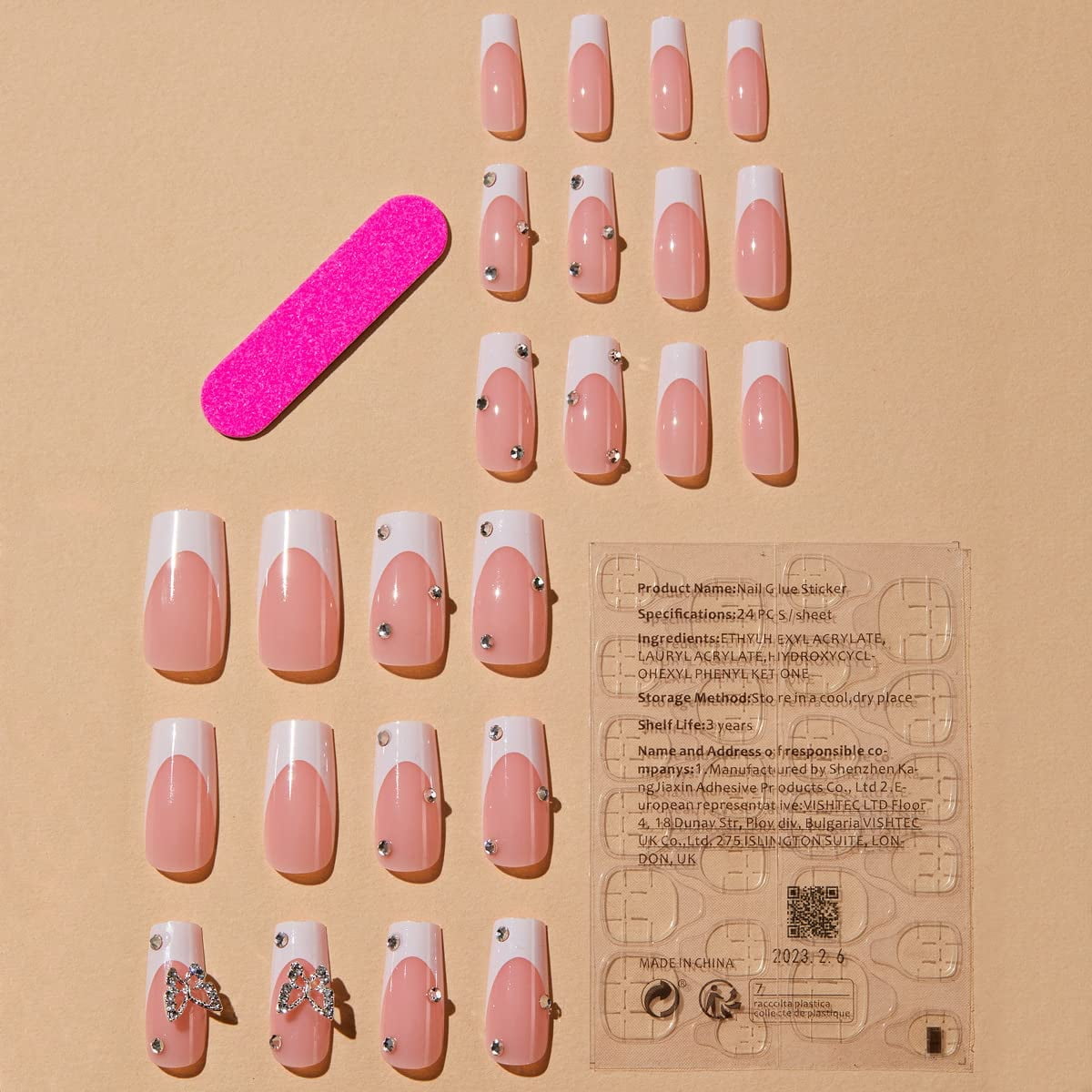 Press on Nails Long Square Shape Nails White Acrylic Nails Glossy Glue on Nails French False Nail Tips with Butterfly Charms and White Flowers Design for Women and Girls, 24Pcs style 10