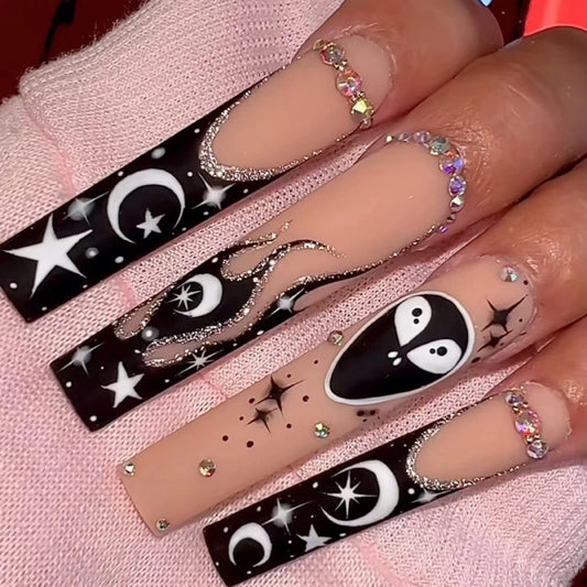 Press on Nails Long Square Shape Nails White Acrylic Nails Glossy Glue on Nails French False Nail Tips with Butterfly Charms and White Flowers Design for Women and Girls, 24Pcs style 11