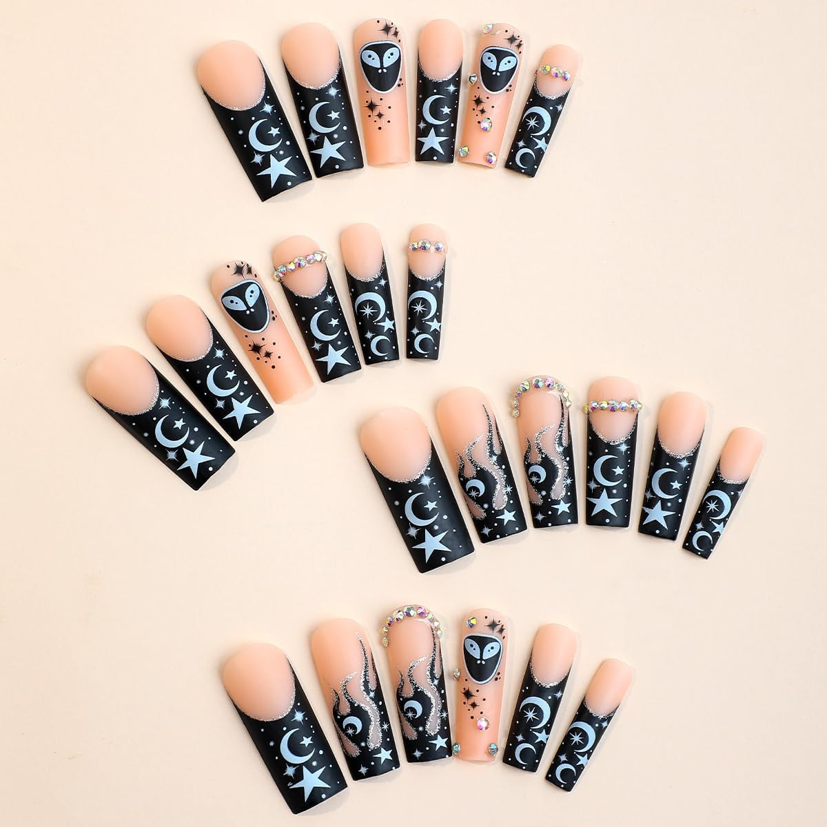 Press on Nails Long Square Shape Nails White Acrylic Nails Glossy Glue on Nails French False Nail Tips with Butterfly Charms and White Flowers Design for Women and Girls, 24Pcs style 11