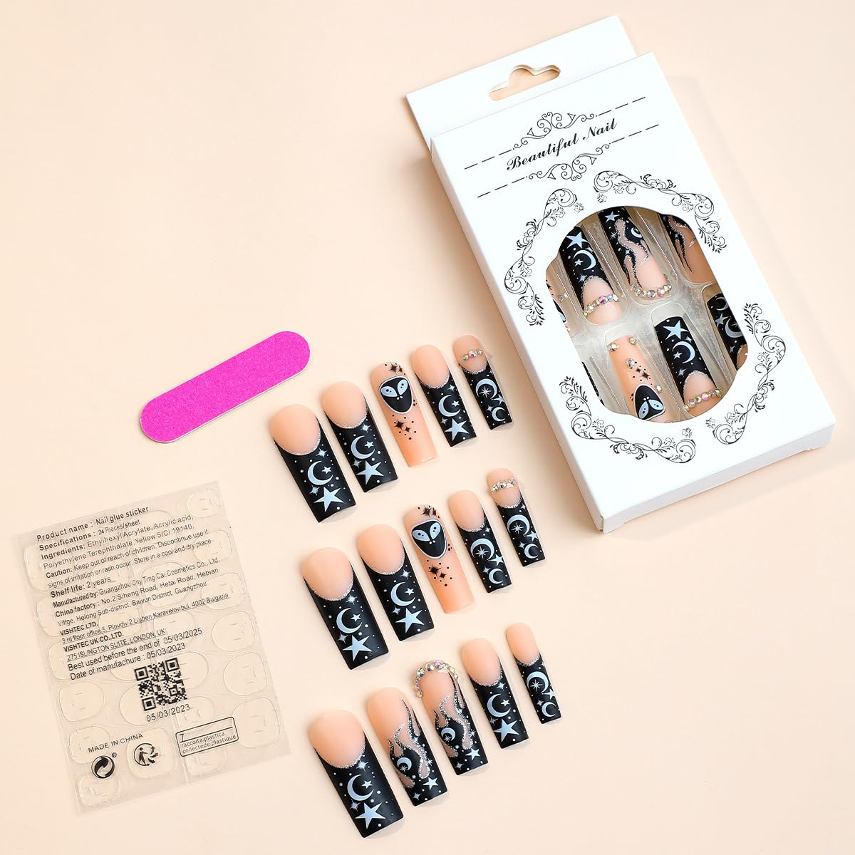 Press on Nails Long Square Shape Nails White Acrylic Nails Glossy Glue on Nails French False Nail Tips with Butterfly Charms and White Flowers Design for Women and Girls, 24Pcs style 11