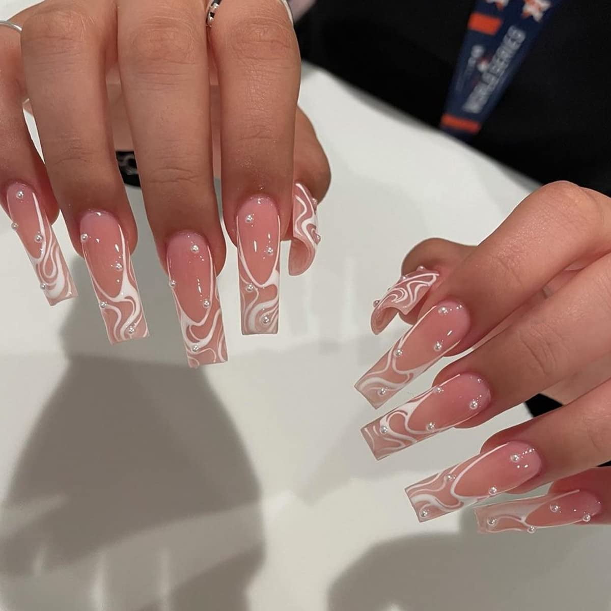 Press on Nails Long Square Shape Nails White Acrylic Nails Glossy Glue on Nails French False Nail Tips with Butterfly Charms and White Flowers Design for Women and Girls, 24Pcs style 14