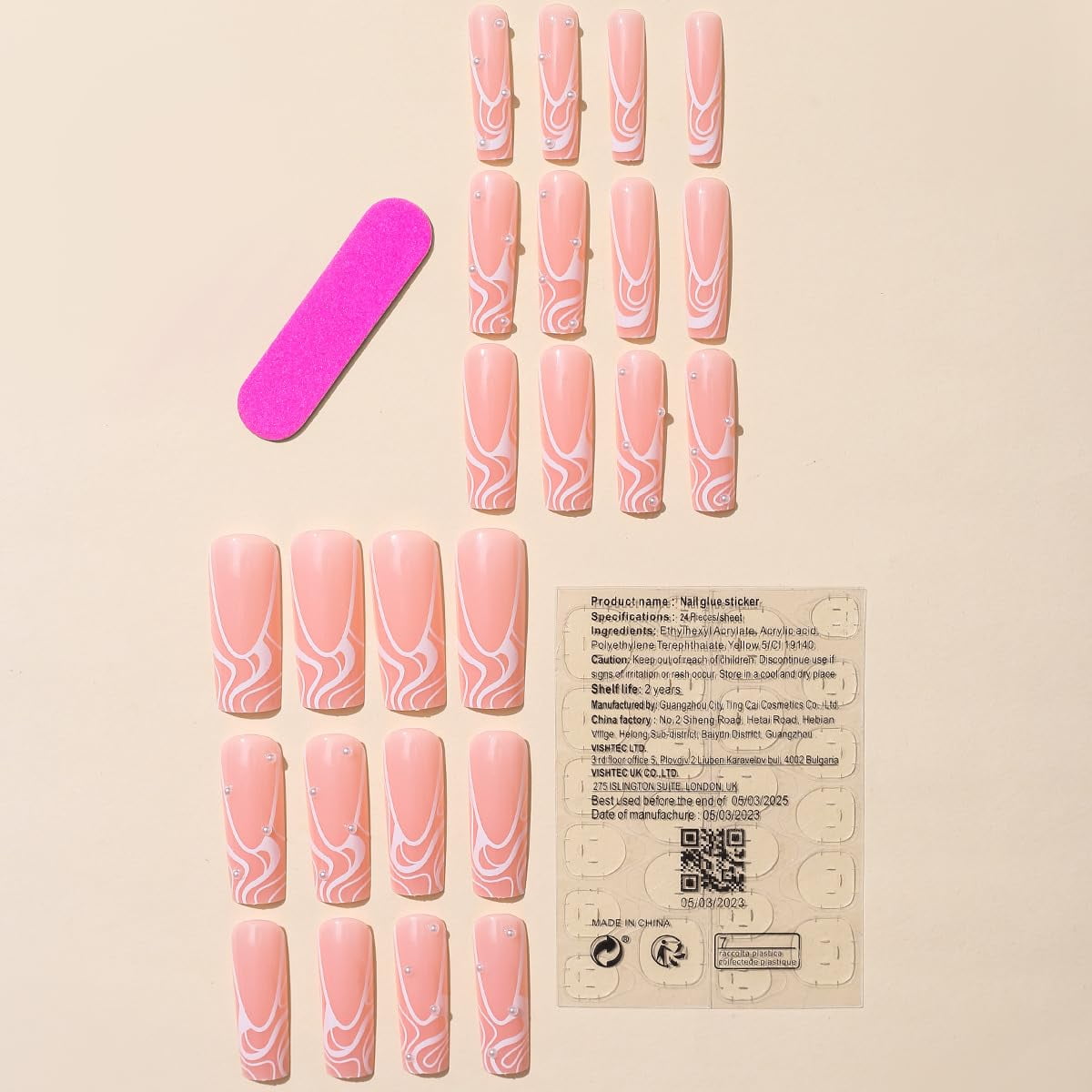 Press on Nails Long Square Shape Nails White Acrylic Nails Glossy Glue on Nails French False Nail Tips with Butterfly Charms and White Flowers Design for Women and Girls, 24Pcs style 14