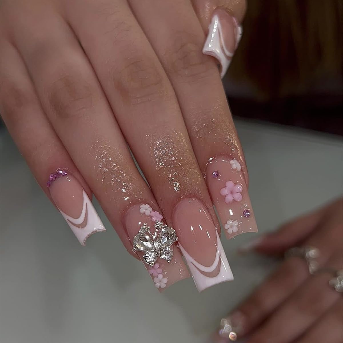 Press on Nails Long Square Shape Nails White Acrylic Nails Glossy Glue on Nails French False Nail Tips with Butterfly Charms and White Flowers Design for Women and Girls, 24Pcs style 8