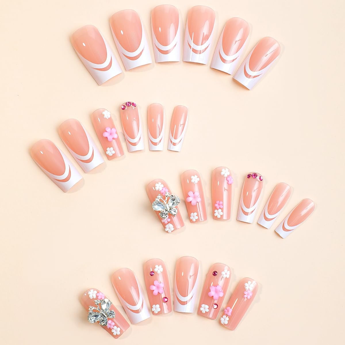Press on Nails Long Square Shape Nails White Acrylic Nails Glossy Glue on Nails French False Nail Tips with Butterfly Charms and White Flowers Design for Women and Girls, 24Pcs style 8