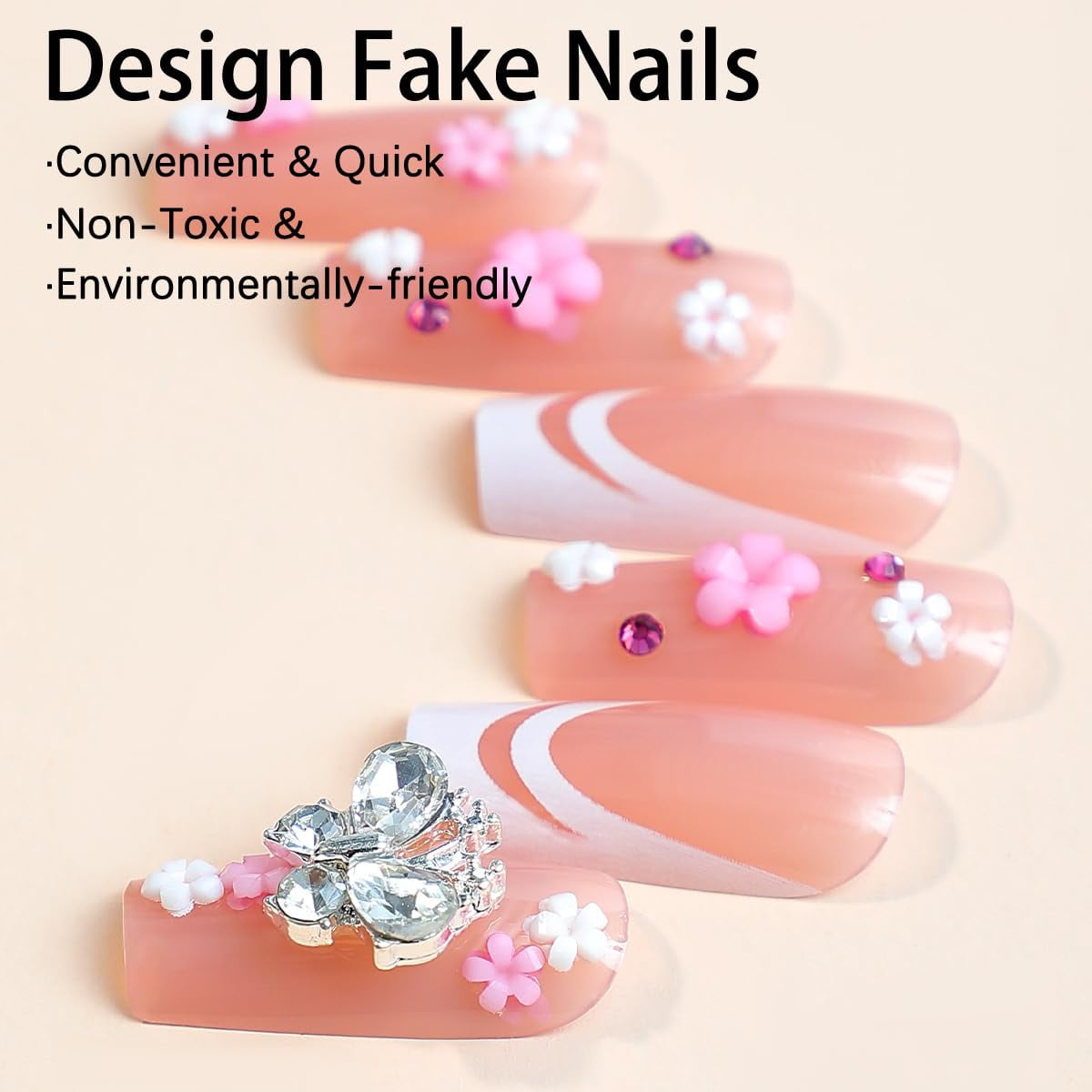 Press on Nails Long Square Shape Nails White Acrylic Nails Glossy Glue on Nails French False Nail Tips with Butterfly Charms and White Flowers Design for Women and Girls, 24Pcs style 8