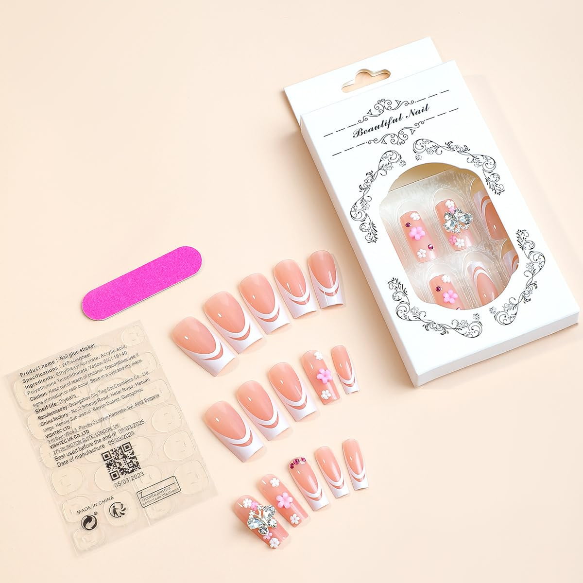 Press on Nails Long Square Shape Nails White Acrylic Nails Glossy Glue on Nails French False Nail Tips with Butterfly Charms and White Flowers Design for Women and Girls, 24Pcs style 8