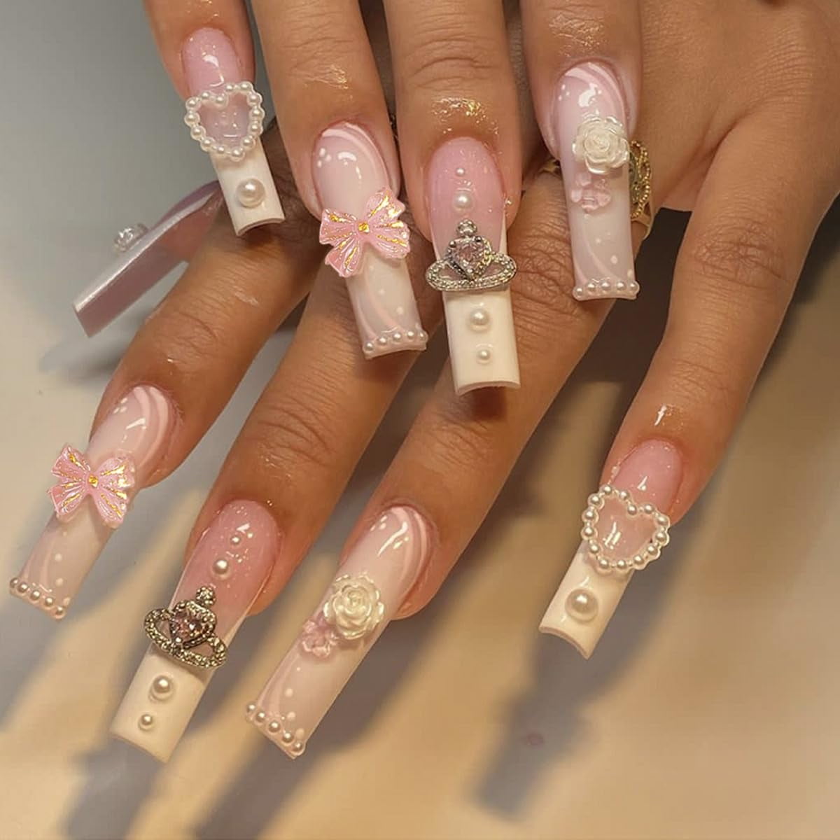 Press on Nails Long Square Shape Nails White Acrylic Nails Glossy Glue on Nails French False Nail Tips with Butterfly Charms and White Flowers Design for Women and Girls, 24Pcs style 9