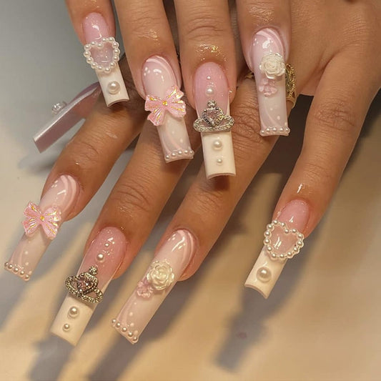 Press on Nails Long Square Shape Nails White Acrylic Nails Glossy Glue on Nails French False Nail Tips with Butterfly Charms and White Flowers Design for Women and Girls, 24Pcs style 9