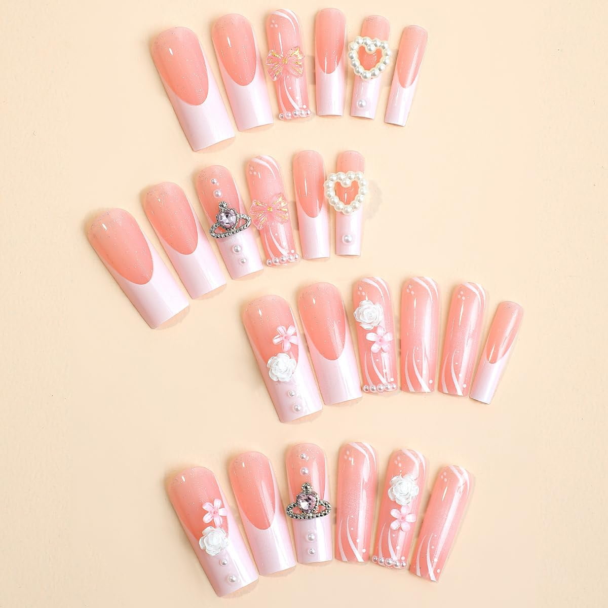Press on Nails Long Square Shape Nails White Acrylic Nails Glossy Glue on Nails French False Nail Tips with Butterfly Charms and White Flowers Design for Women and Girls, 24Pcs style 9