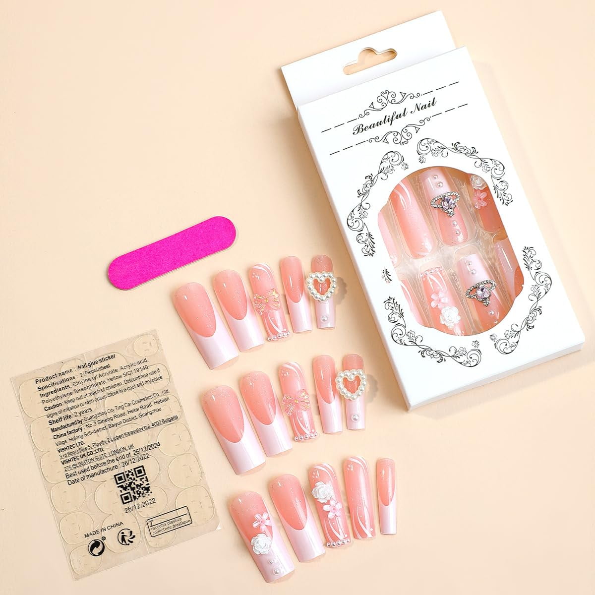 Press on Nails Long Square Shape Nails White Acrylic Nails Glossy Glue on Nails French False Nail Tips with Butterfly Charms and White Flowers Design for Women and Girls, 24Pcs style 9