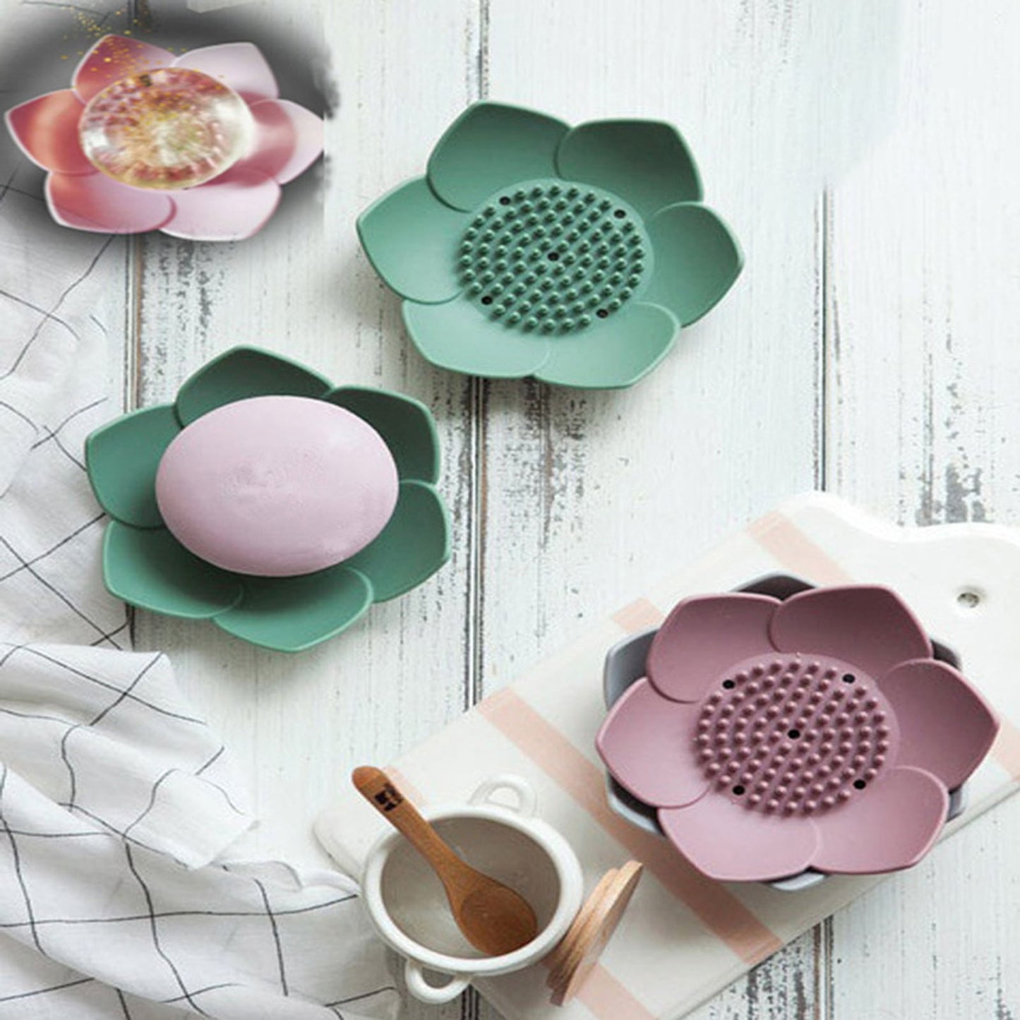 Silicone Soap Dishes with Draining - Lotus Shaped Bathroom Bar Soap Holder for Shower - Soap Tray for Kitchen Sink - Floral Shape Soap Saver for Counter Bathtub(1/4 Pack) Green