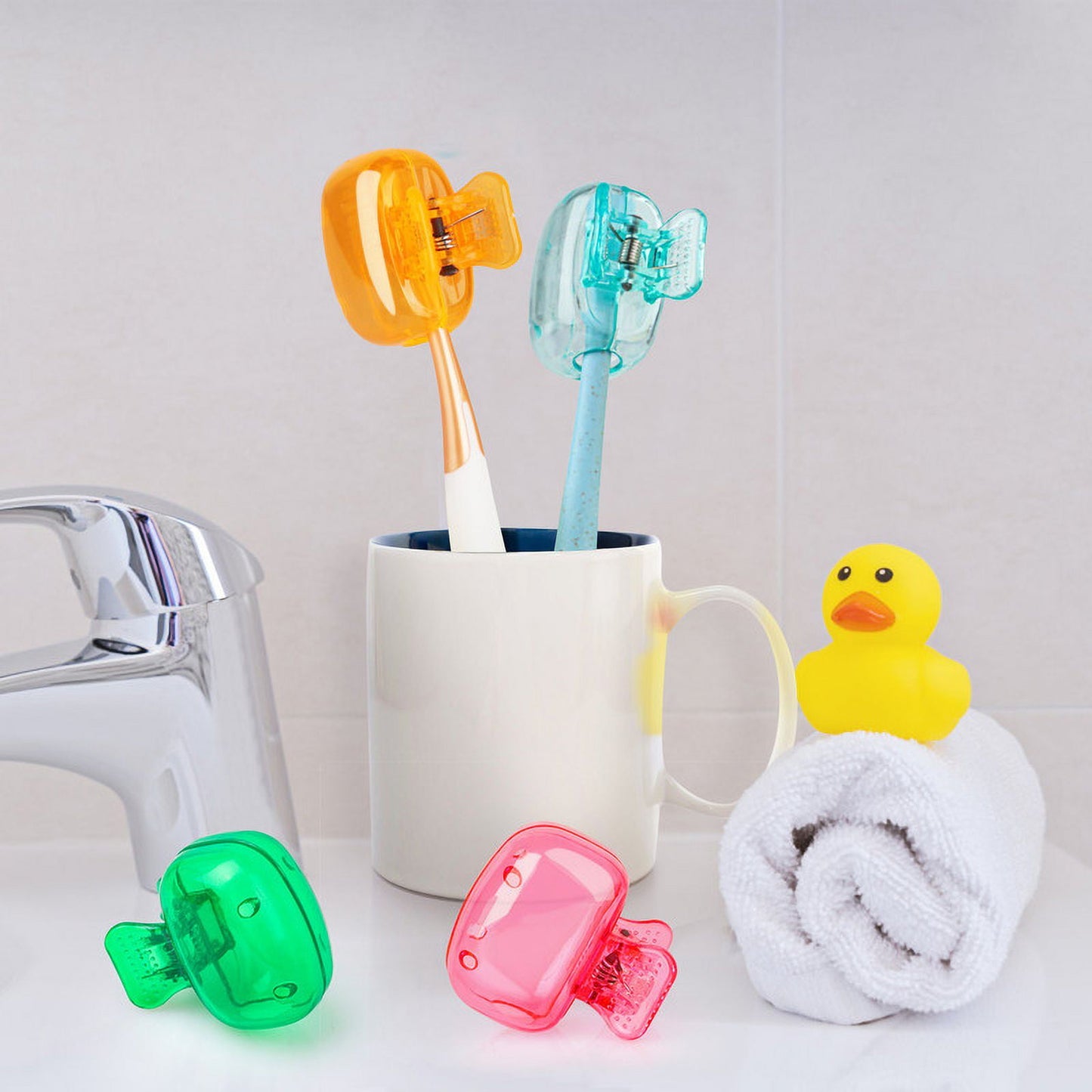 4 Pack Travel Toothbrush Head Covers Portable Toothbrush Protector Cap Brush Pod Case Protective Plastic Clip for Household Travel, Camping, Bathroom, School, Business Green, Teal, Orange, Pink