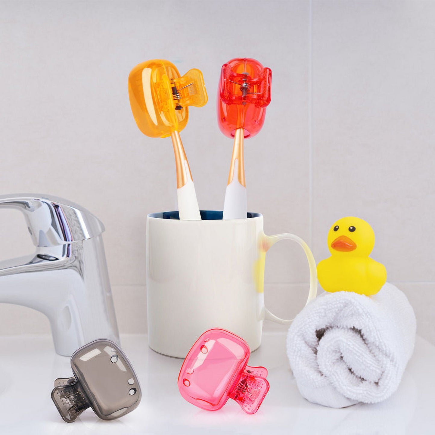 4 Pack Travel Toothbrush Head Covers Portable Toothbrush Protector Cap Brush Pod Case Protective Plastic Clip for Household Travel, Camping, Bathroom, School, Business Grey, Red, Orange, Pink