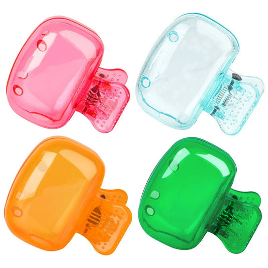 4 Pack Travel Toothbrush Head Covers Portable Toothbrush Protector Cap Brush Pod Case Protective Plastic Clip for Household Travel, Camping, Bathroom, School, Business Grey, Yellow, Purple, Pink