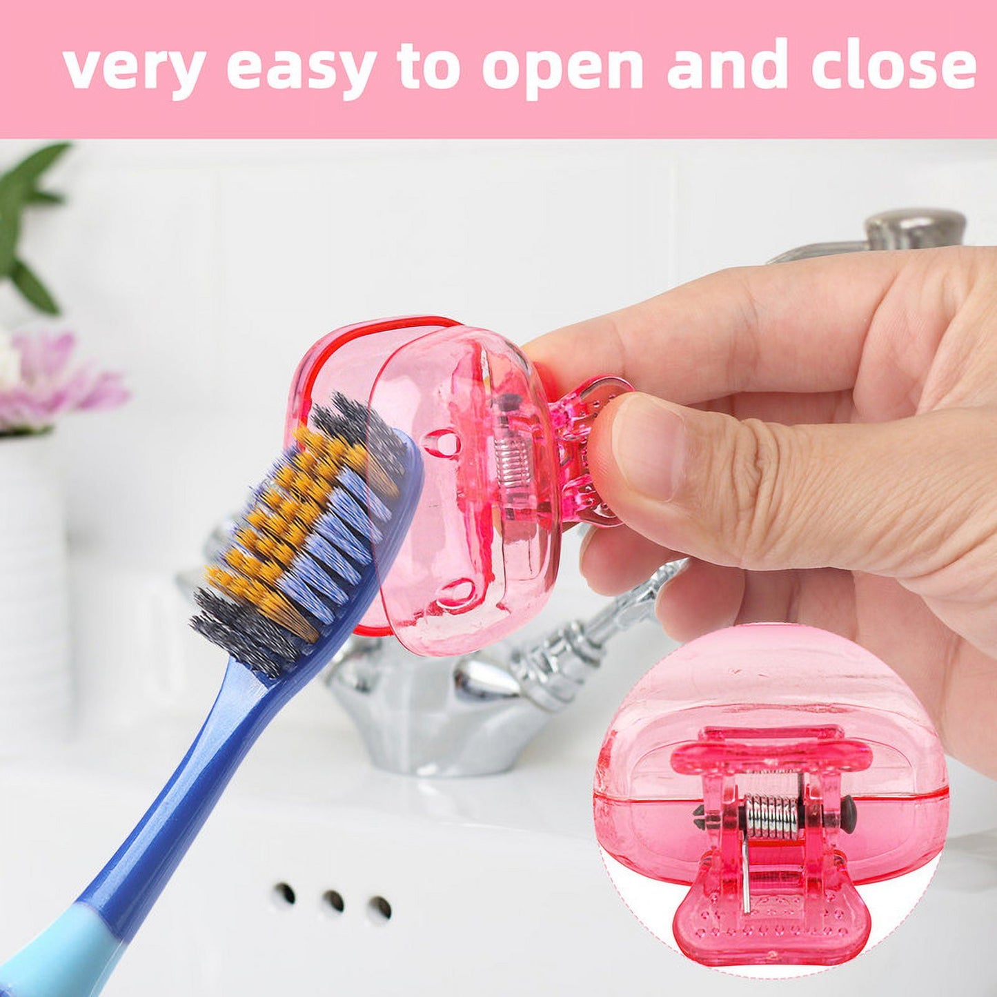 4 Pack Travel Toothbrush Head Covers Portable Toothbrush Protector Cap Brush Pod Case Protective Plastic Clip for Household Travel, Camping, Bathroom, School, Business Red, Green, Pink, Clear