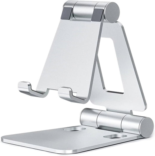 Dual Folding Cell Phone Stand, Fully Adjustable Foldable Desktop Phone Holder Cradle Dock Compatible with Phone 15 14 13 12 11 Pro Xs Xs Max Xr X 8, Nintendo Switch, All Phones-Black Silver