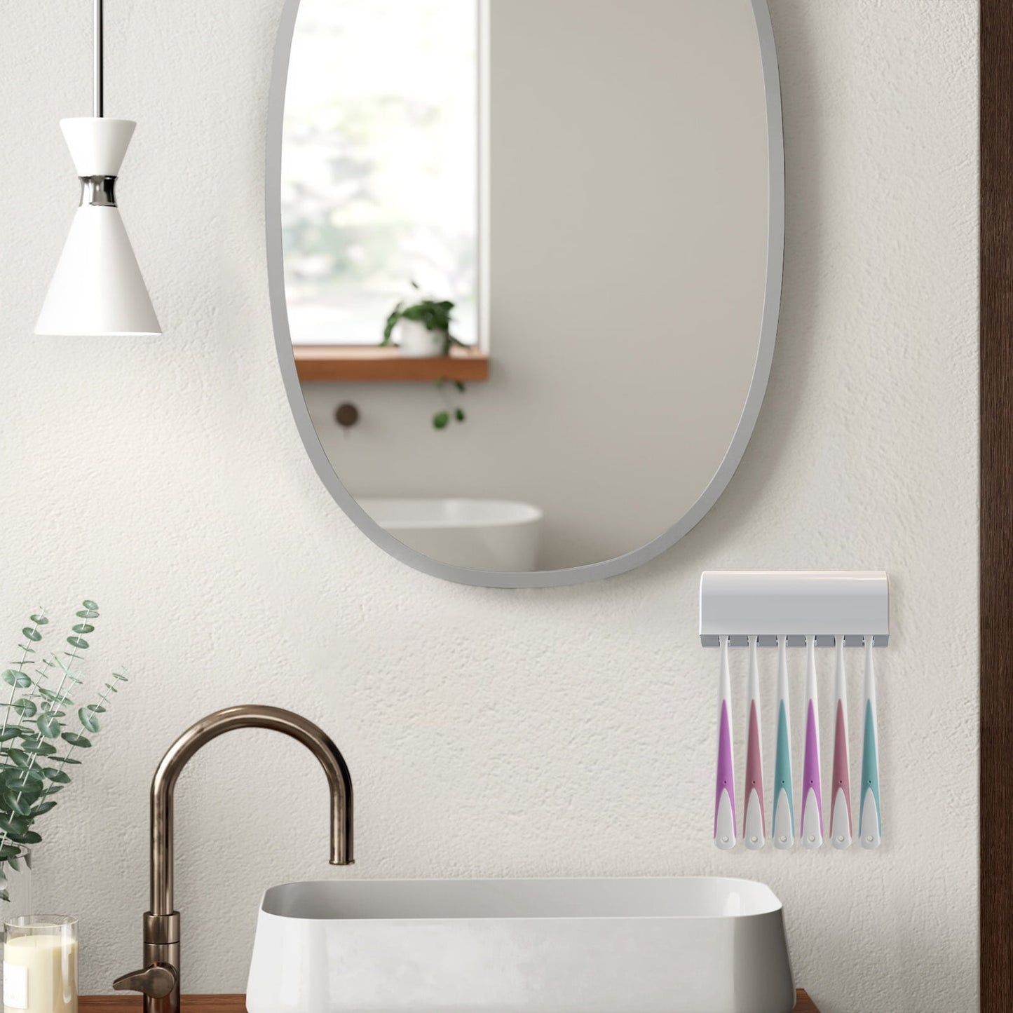 Linkidea 6 Slots Toothbrush Holders Wall Mounted, RV Mirror Toothbrush Organizer Hanger with Cover, Self Adhesive Toothbrush Storage Stand Rack