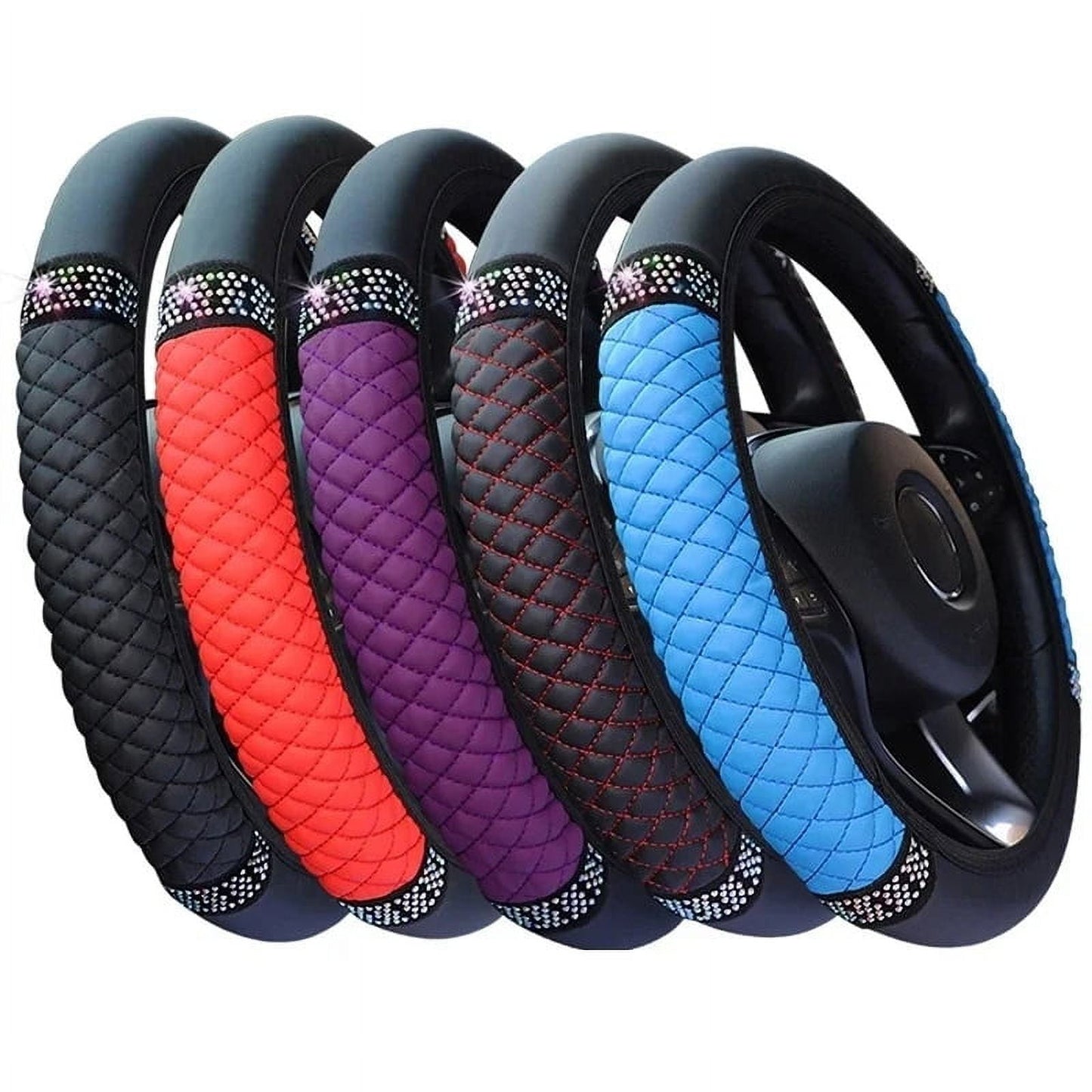 Universal Car Steering Wheel Cover 37-38cm Leather Embroidered Color Diamond-Studded Elastic Four Seasons Steering Wheel Cover Black