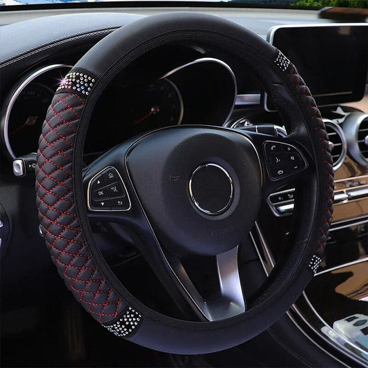 Universal Car Steering Wheel Cover 37-38cm Leather Embroidered Color Diamond-Studded Elastic Four Seasons Steering Wheel Cover Black Black-Red