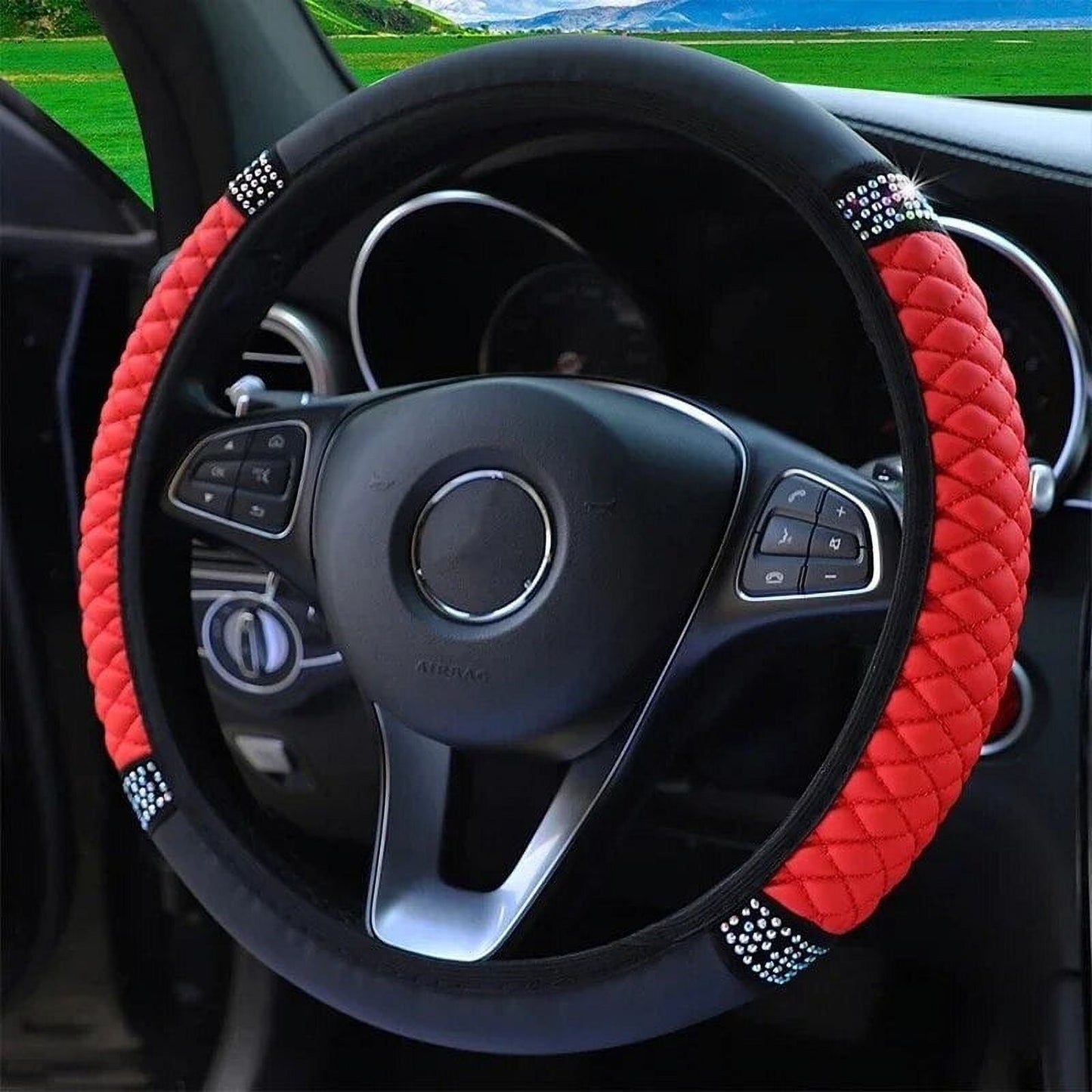 Universal Car Steering Wheel Cover 37-38cm Leather Embroidered Color Diamond-Studded Elastic Four Seasons Steering Wheel Cover Black Black-Red