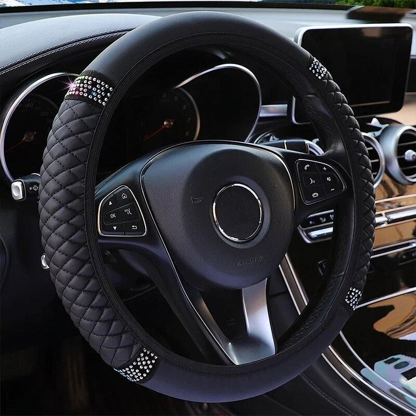 Universal Car Steering Wheel Cover 37-38cm Leather Embroidered Color Diamond-Studded Elastic Four Seasons Steering Wheel Cover Black Red