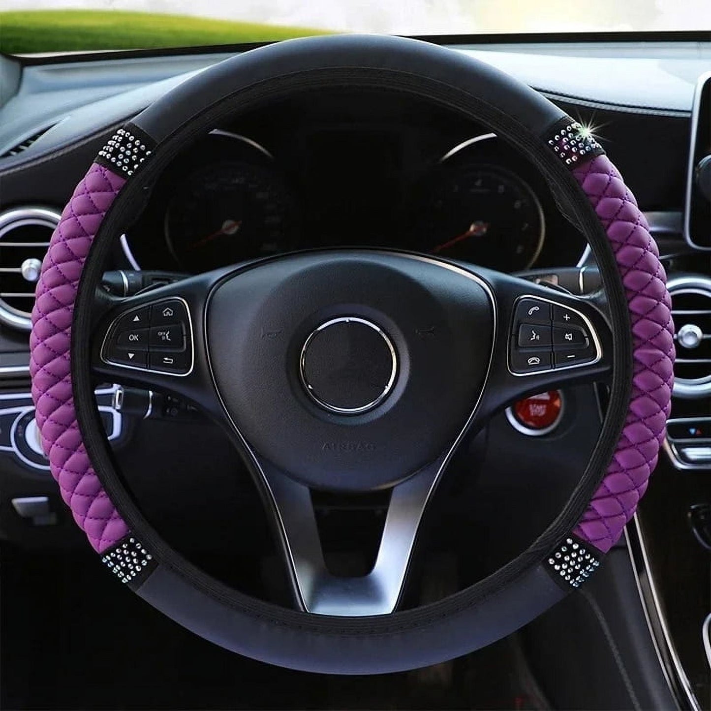 Universal Car Steering Wheel Cover 37-38cm Leather Embroidered Color Diamond-Studded Elastic Four Seasons Steering Wheel Cover Black Red