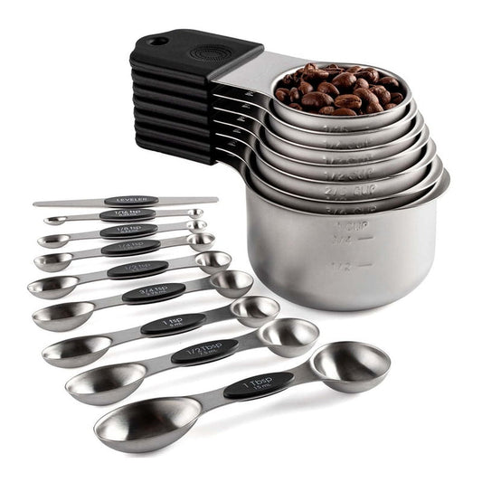16Pc Magnetic Stainless Steel Measuring Cups & Spoons Set, 7 Heavy Duty Cups,8 Double Sided Spoons with Leveler Black 16PCS