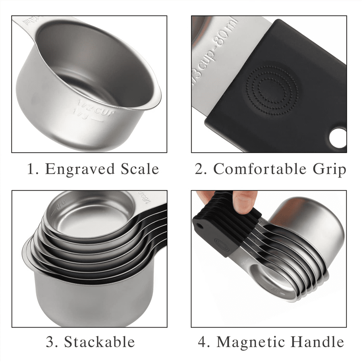 16Pc Magnetic Stainless Steel Measuring Cups & Spoons Set, 7 Heavy Duty Cups,8 Double Sided Spoons with Leveler Black 16PCS