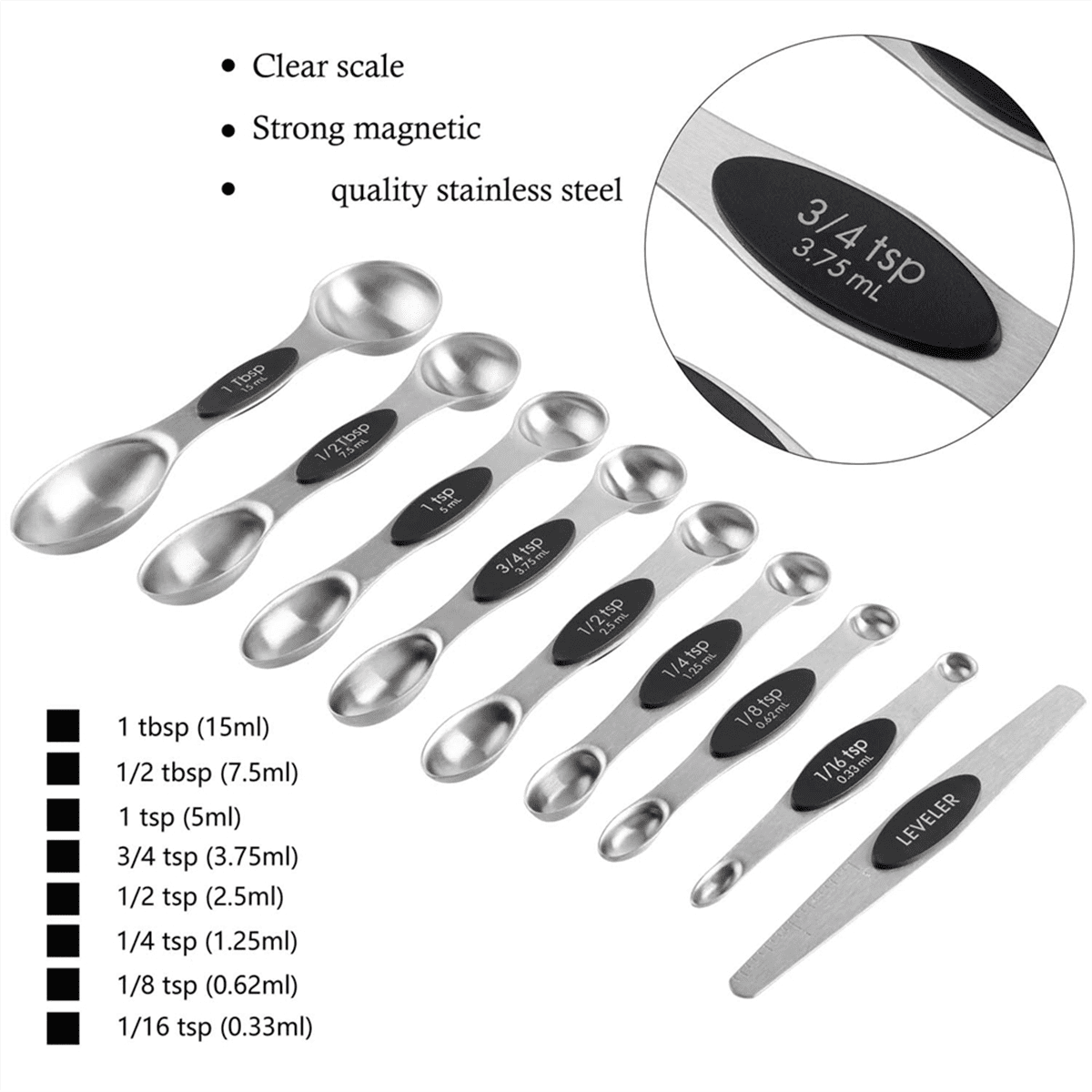 16Pc Magnetic Stainless Steel Measuring Cups & Spoons Set, 7 Heavy Duty Cups,8 Double Sided Spoons with Leveler Black 16PCS