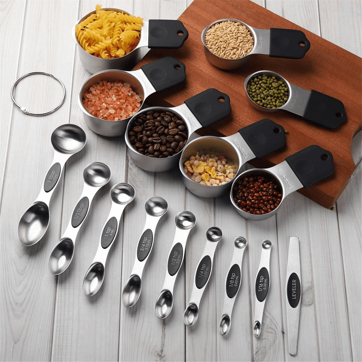 16Pc Magnetic Stainless Steel Measuring Cups & Spoons Set, 7 Heavy Duty Cups,8 Double Sided Spoons with Leveler Black 16PCS