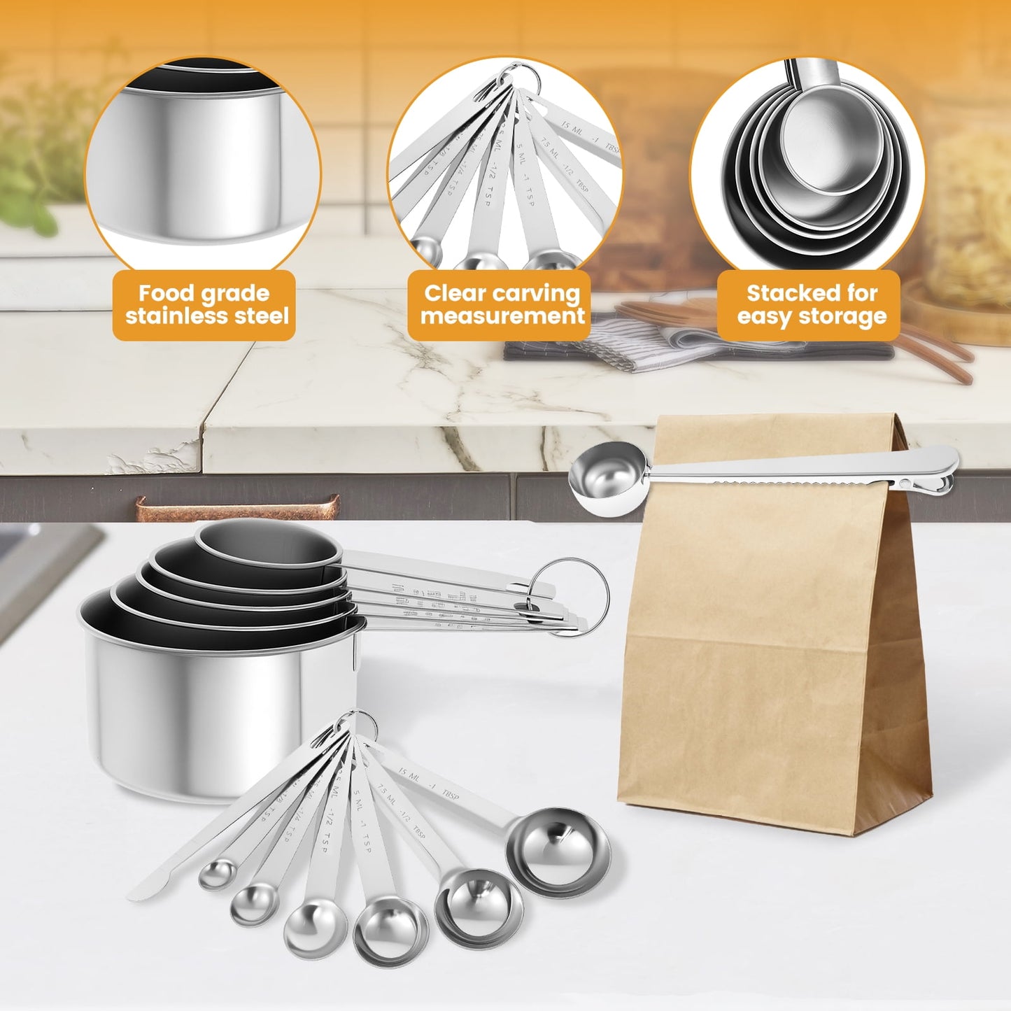 16Pc Magnetic Stainless Steel Measuring Cups & Spoons Set, 7 Heavy Duty Cups,8 Double Sided Spoons with Leveler Black 26PCS