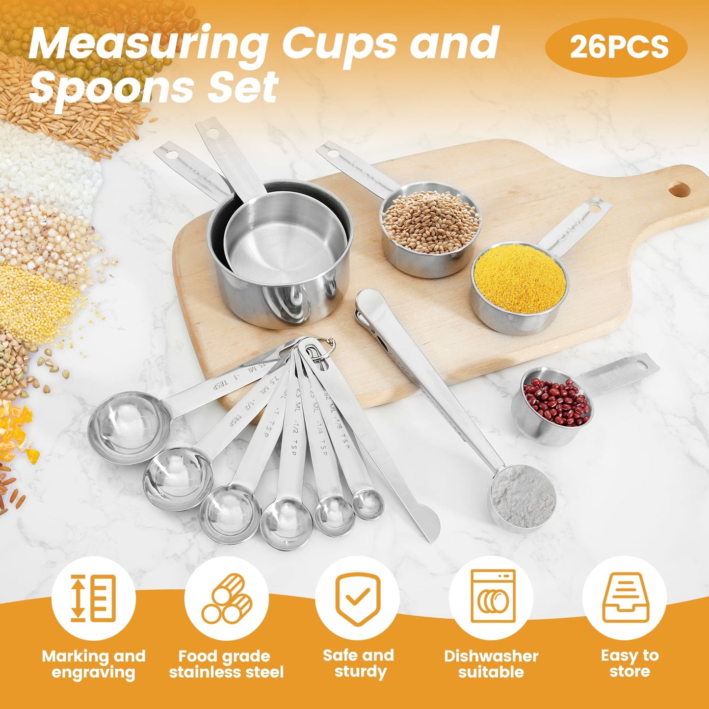 16Pc Magnetic Stainless Steel Measuring Cups & Spoons Set, 7 Heavy Duty Cups,8 Double Sided Spoons with Leveler Black 26PCS