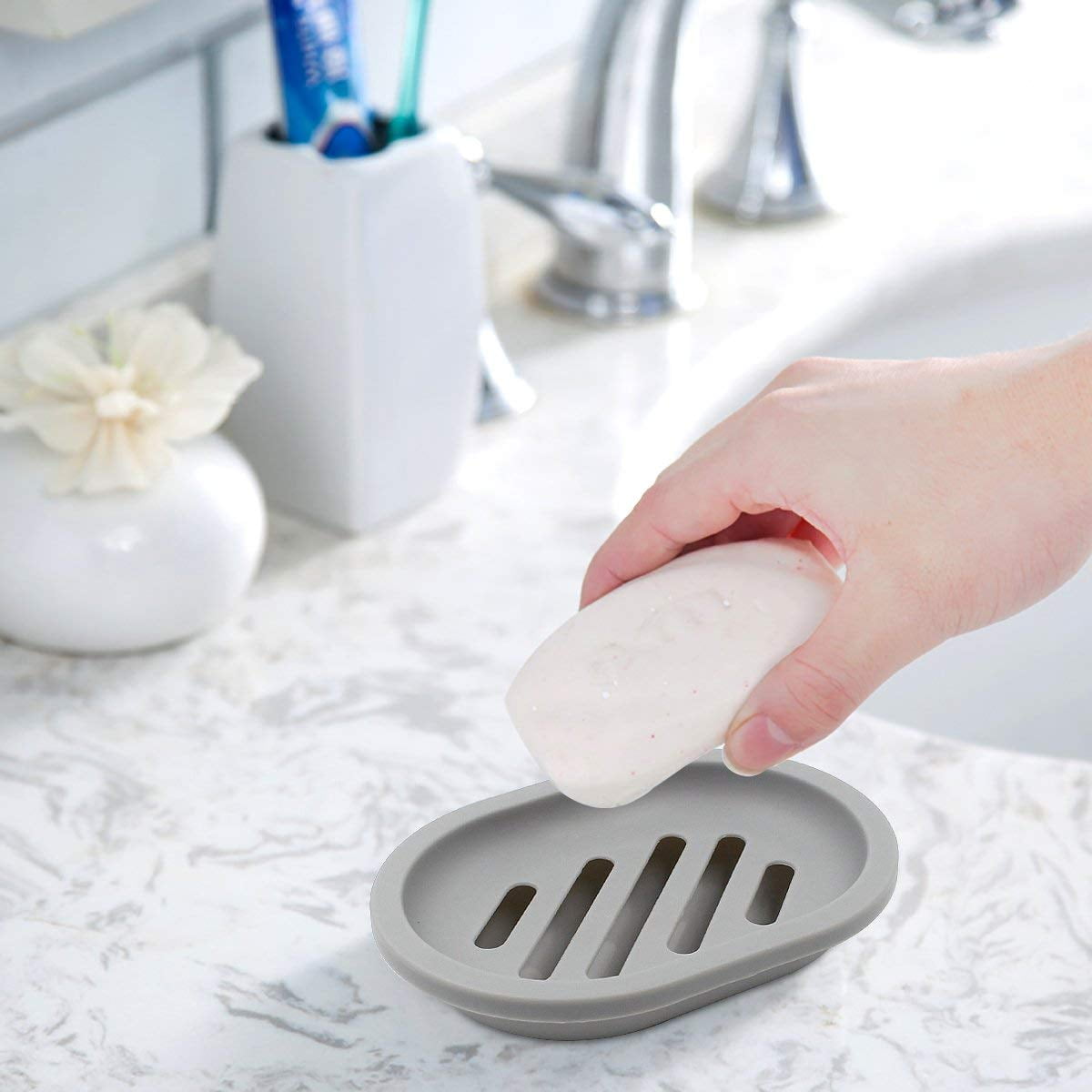 2-Pack Soap Dish with Drain, Soap Holder, Soap Saver, Easy Cleaning, Dry, Stop Mushy Soap (Gray) Gray