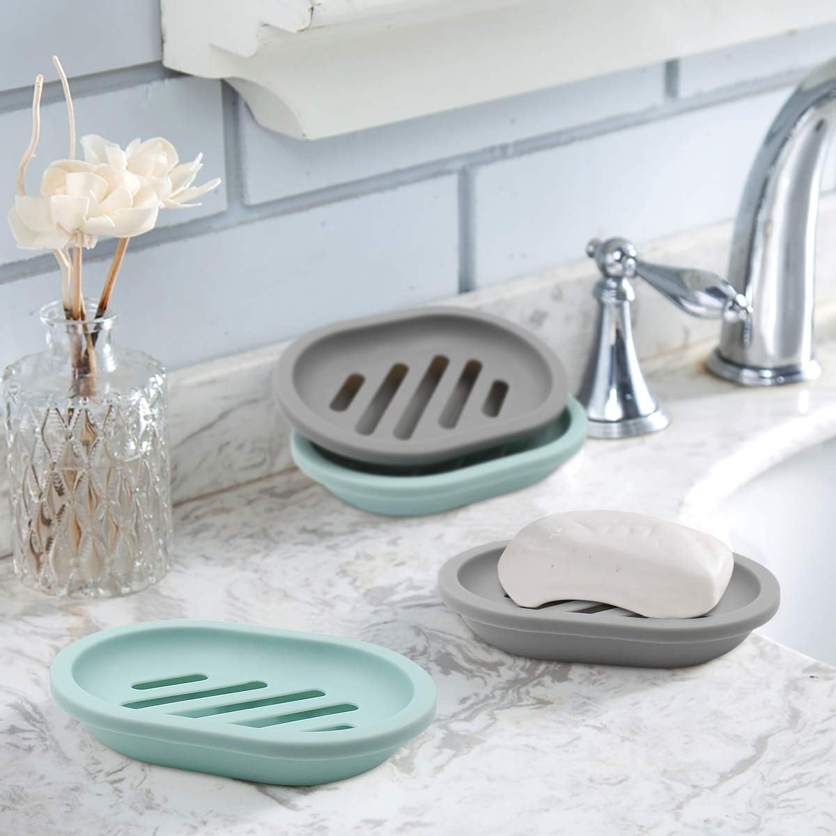 2-Pack Soap Dish with Drain, Soap Holder, Soap Saver, Easy Cleaning, Dry, Stop Mushy Soap (Gray) Gray