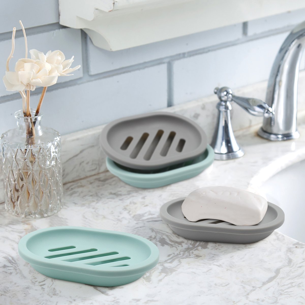 2-Pack Soap Dish with Drain, Soap Holder, Soap Saver, Easy Cleaning, Dry, Stop Mushy Soap (Gray) Green