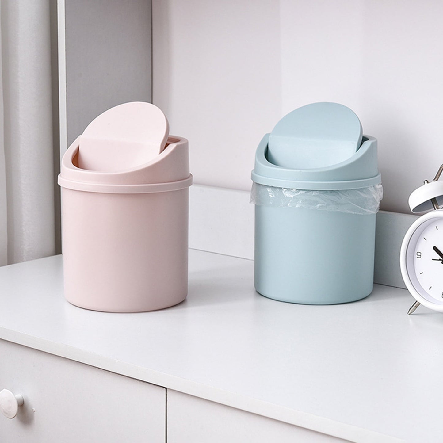 Walbest Desktop Mini Cute Trash Can with Swing Lid, Space Saving PP Plastic Cylindrical Tiny Garbage Can, Size: 6.69" x 5.12 Beige