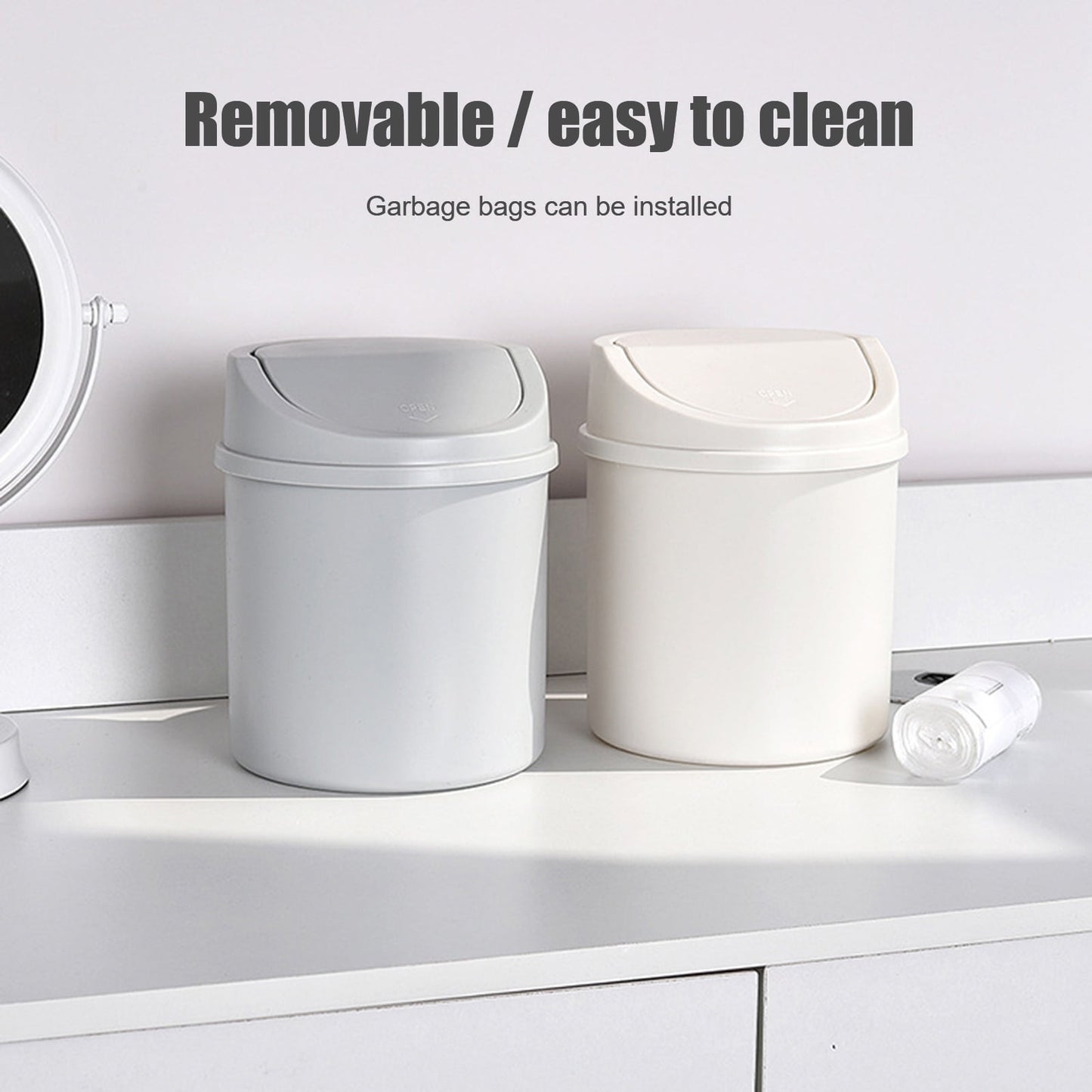 Walbest Desktop Mini Cute Trash Can with Swing Lid, Space Saving PP Plastic Cylindrical Tiny Garbage Can, Size: 6.69" x 5.12 Beige
