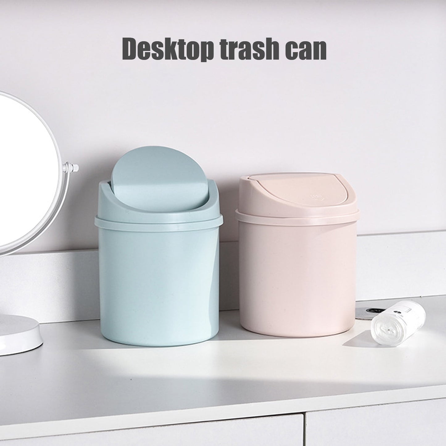 Walbest Desktop Mini Cute Trash Can with Swing Lid, Space Saving PP Plastic Cylindrical Tiny Garbage Can, Size: 6.69" x 5.12 Beige