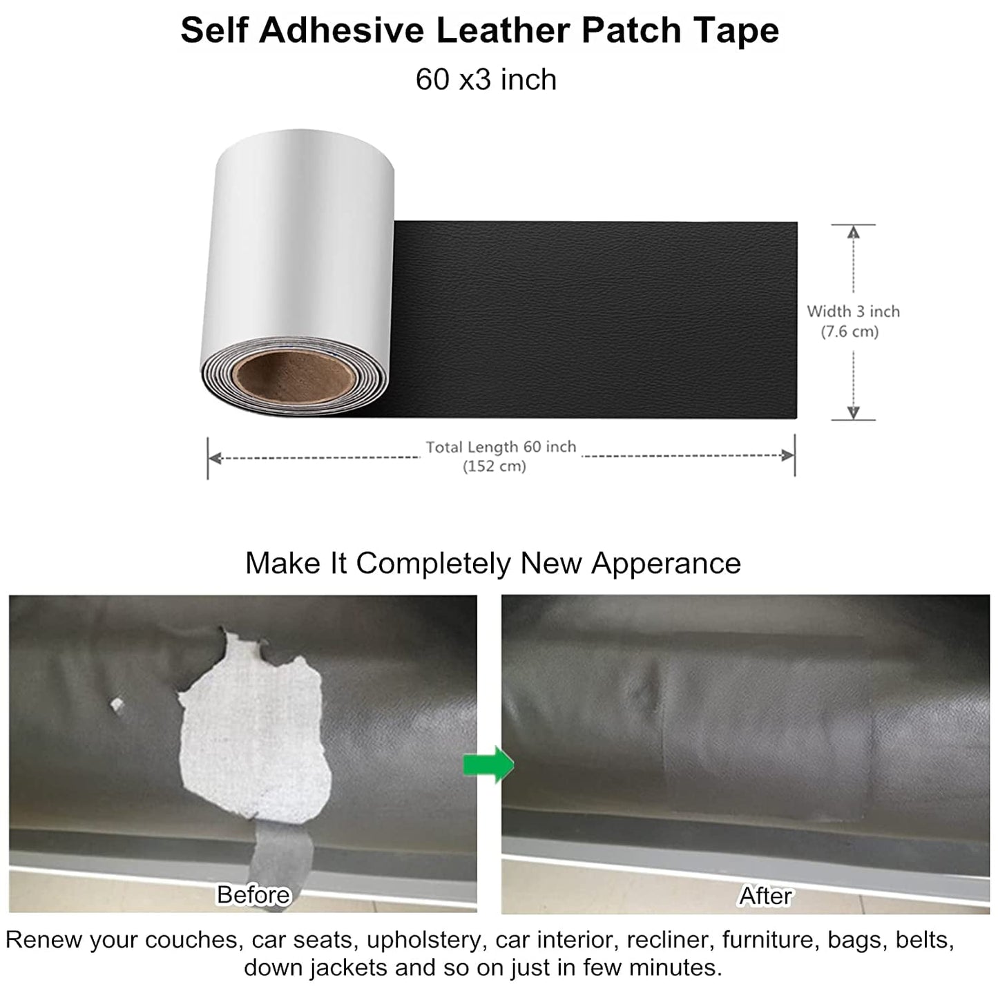 Miaochuan 3 x 60 Inch Self Adhesive Leather Repair Patch Tape, and Leather Repair Kit for Couches, Furniture, Car Seat, Boat Seat, Sofa, Upholstery, Chair, Interior(Ivory Brown) 3" x 60" Ivory