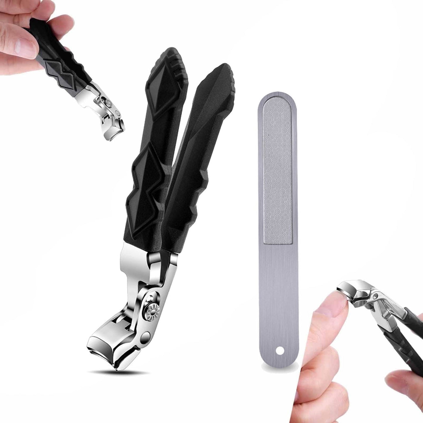 Nail Clippers, Long Handle Ergonomic Angled Head Senior Toenail Clipper, Toe Nail Clippers for Thick Nails, Ultra Sharp Stainless Nail Clipper with Catcher for Men Women 1 Nail Clipper + Nail File + Container Bag