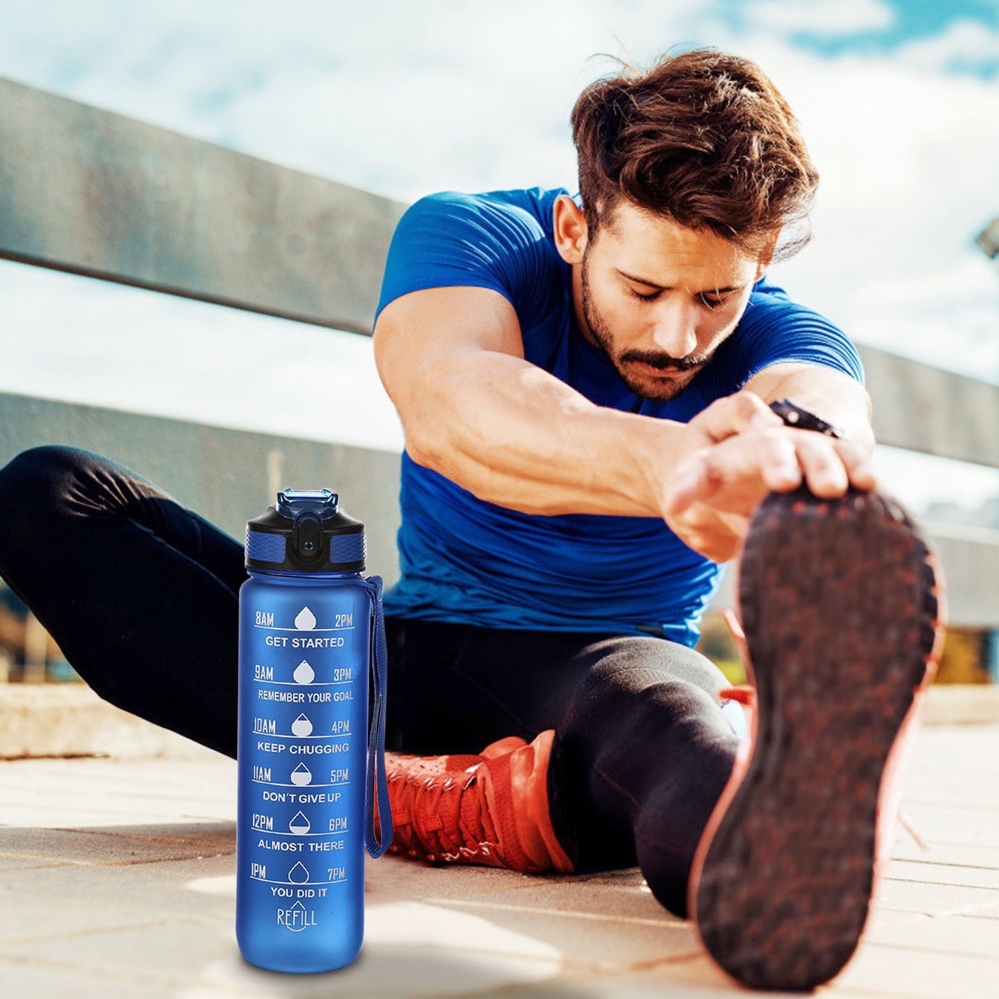 Tyidzon 32Oz Water Bottle with Time Markers, Carry Strap, Leak-Proof for Fitness, Gym, Camping, Outdoor Sports Blue