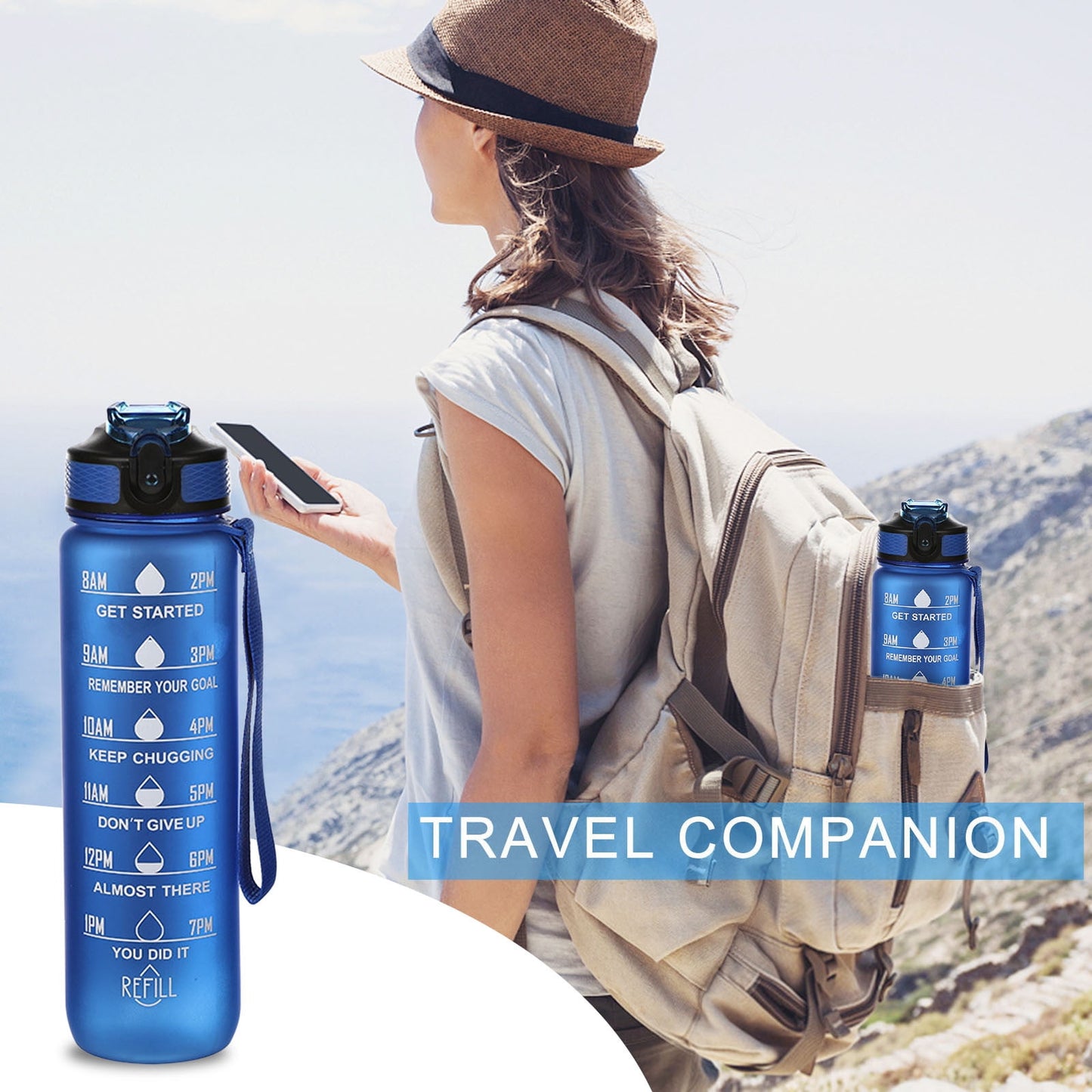 Tyidzon 32Oz Water Bottle with Time Markers, Carry Strap, Leak-Proof for Fitness, Gym, Camping, Outdoor Sports Blue