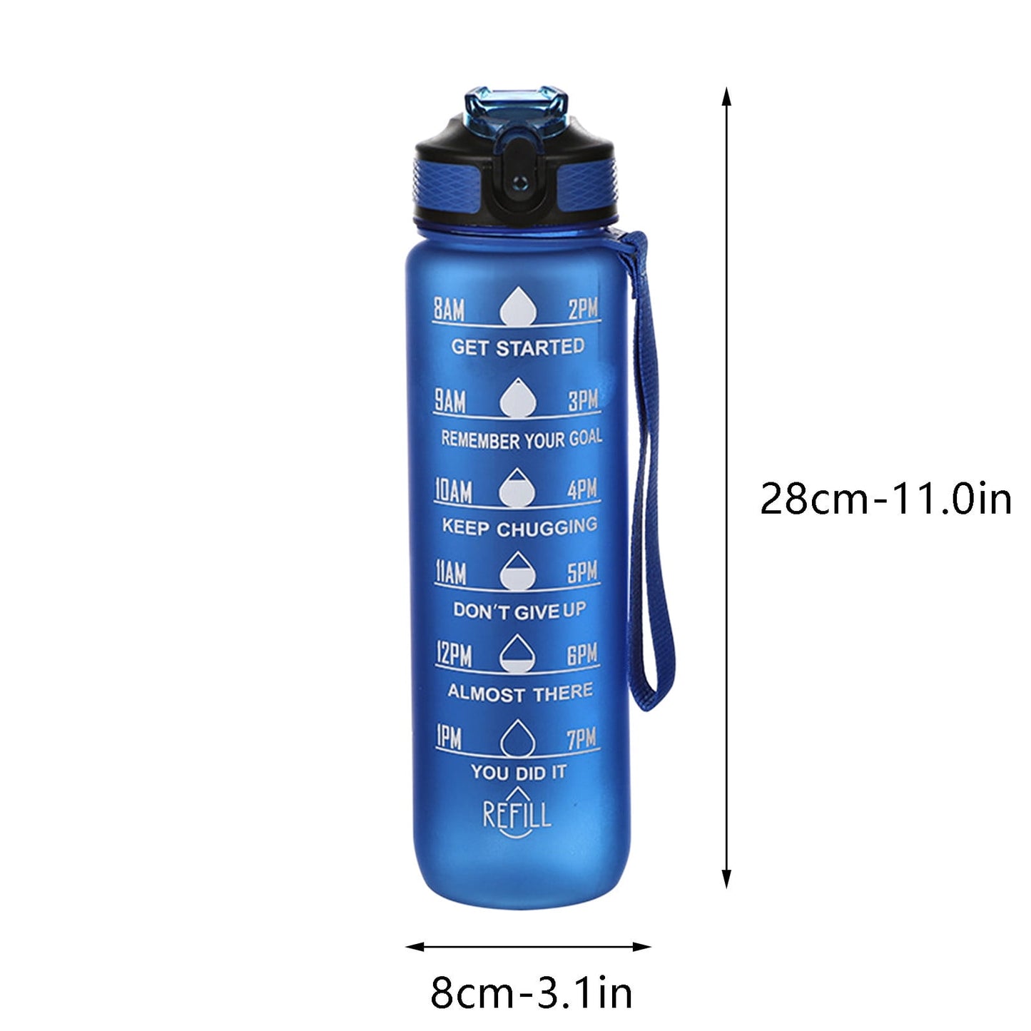 Tyidzon 32Oz Water Bottle with Time Markers, Carry Strap, Leak-Proof for Fitness, Gym, Camping, Outdoor Sports Blue