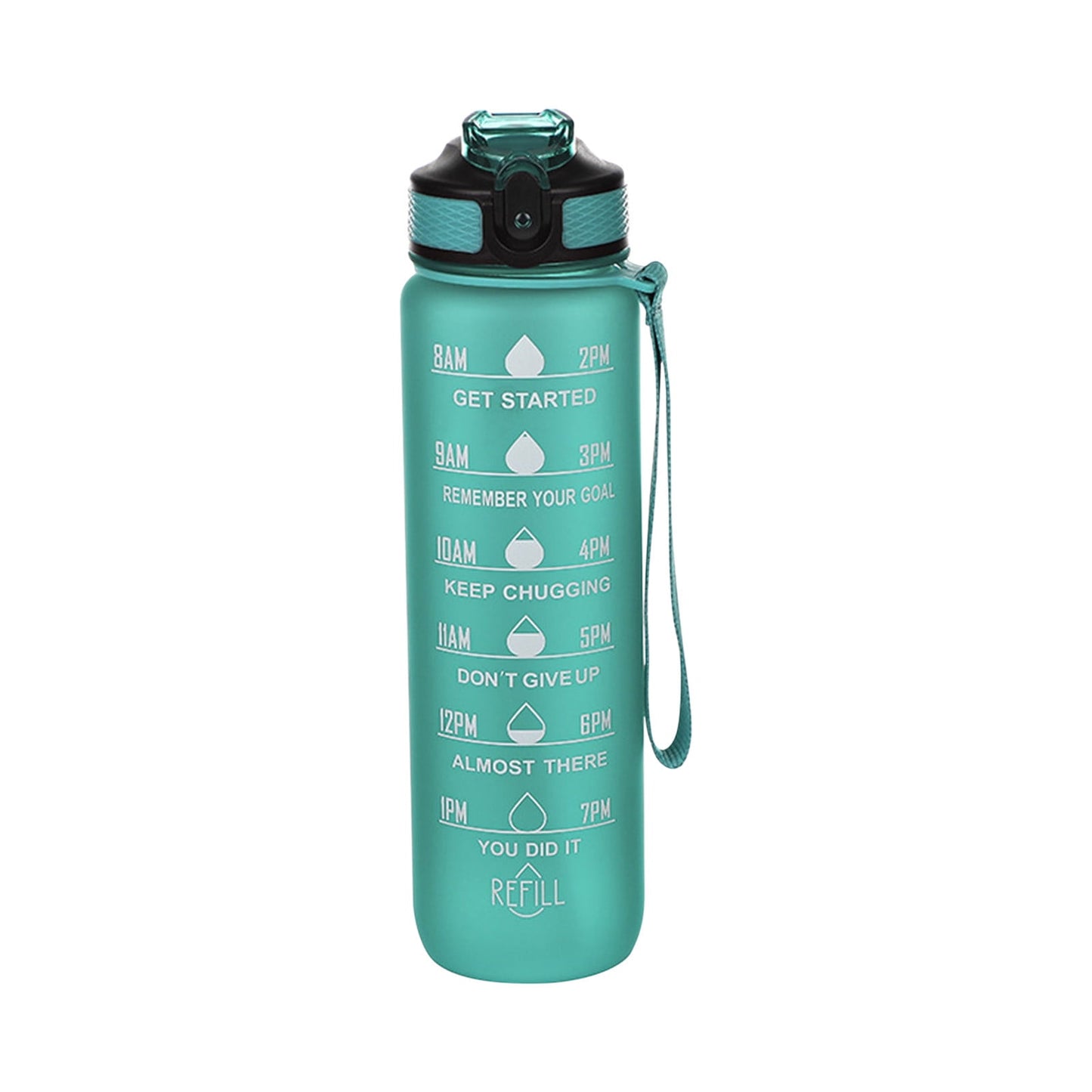 Tyidzon 32Oz Water Bottle with Time Markers, Carry Strap, Leak-Proof for Fitness, Gym, Camping, Outdoor Sports Green
