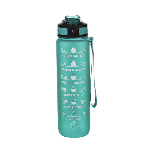 Tyidzon 32Oz Water Bottle with Time Markers, Carry Strap, Leak-Proof for Fitness, Gym, Camping, Outdoor Sports Green
