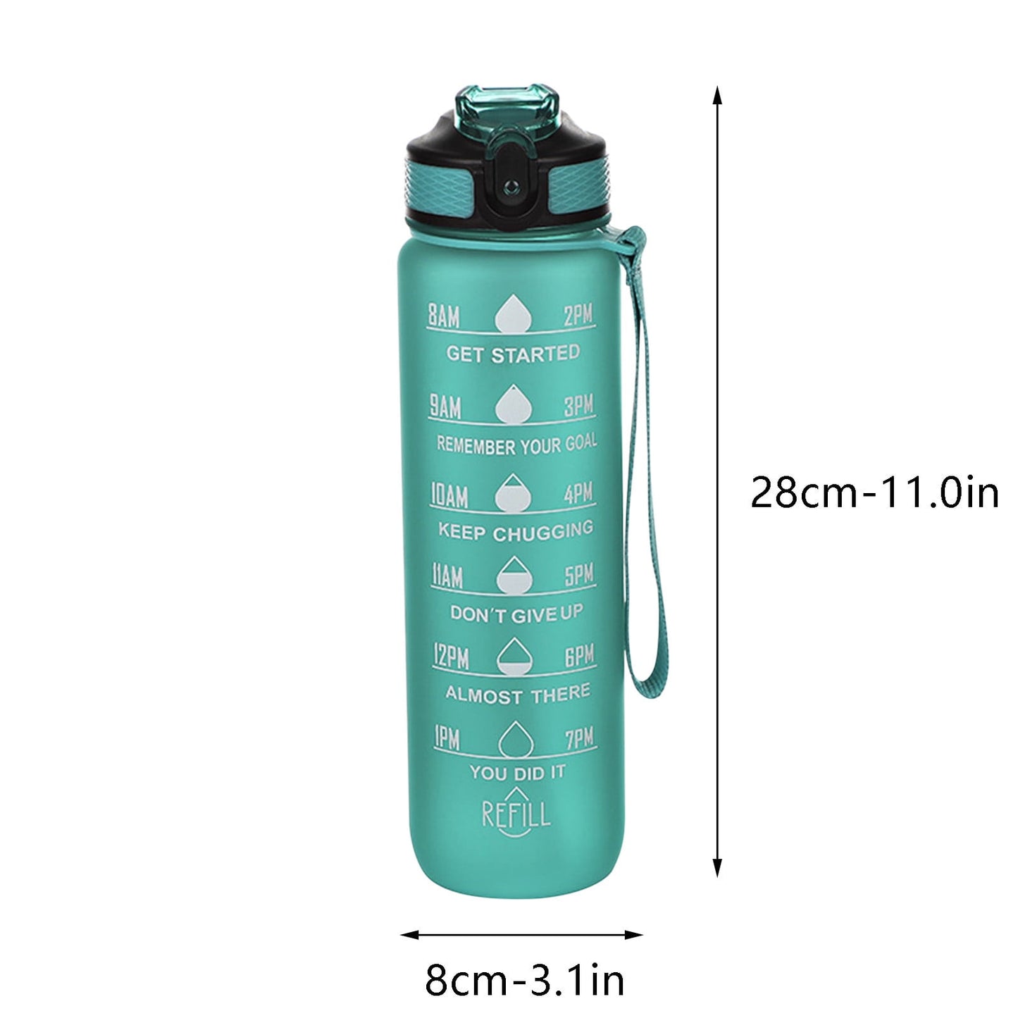 Tyidzon 32Oz Water Bottle with Time Markers, Carry Strap, Leak-Proof for Fitness, Gym, Camping, Outdoor Sports Green