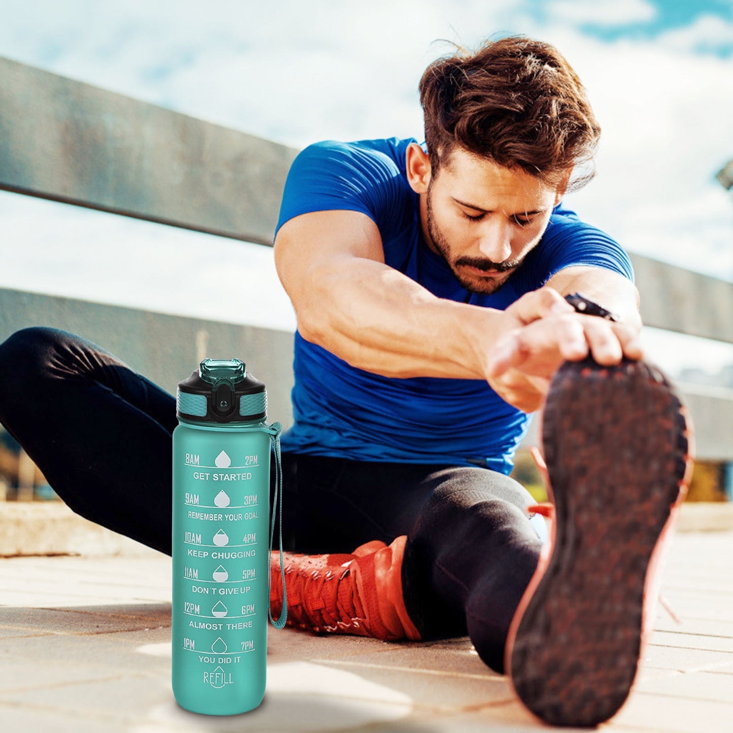 Tyidzon 32Oz Water Bottle with Time Markers, Carry Strap, Leak-Proof for Fitness, Gym, Camping, Outdoor Sports Green