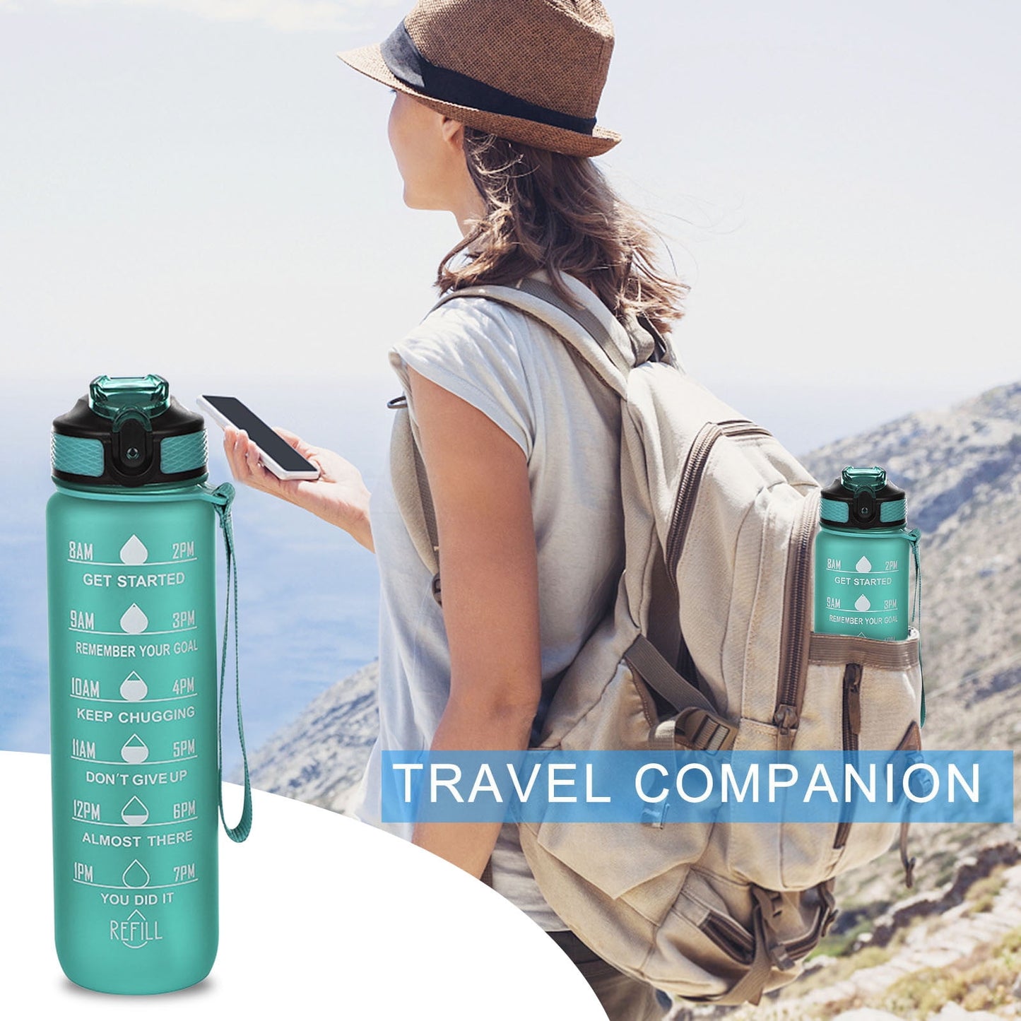 Tyidzon 32Oz Water Bottle with Time Markers, Carry Strap, Leak-Proof for Fitness, Gym, Camping, Outdoor Sports Green