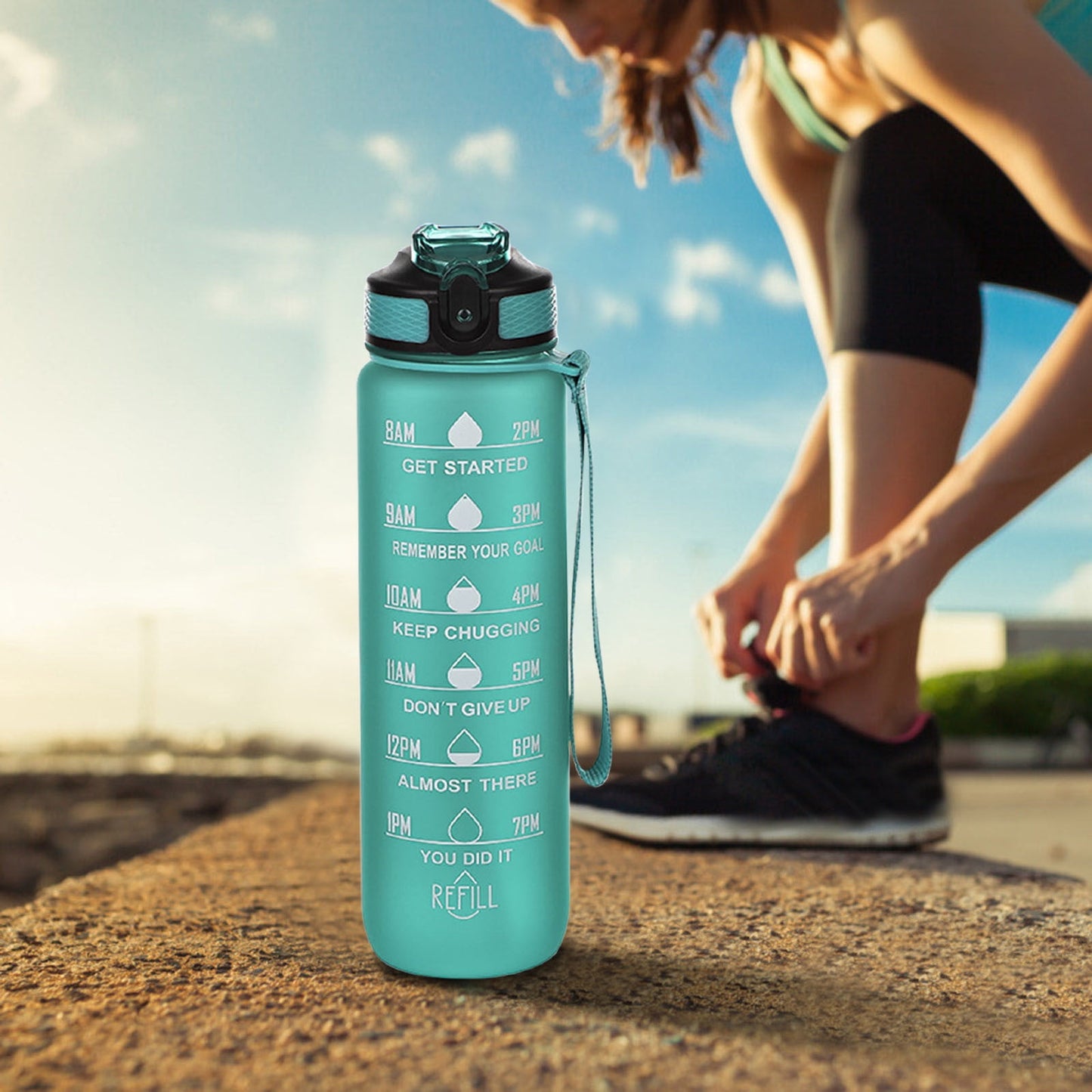 Tyidzon 32Oz Water Bottle with Time Markers, Carry Strap, Leak-Proof for Fitness, Gym, Camping, Outdoor Sports Green