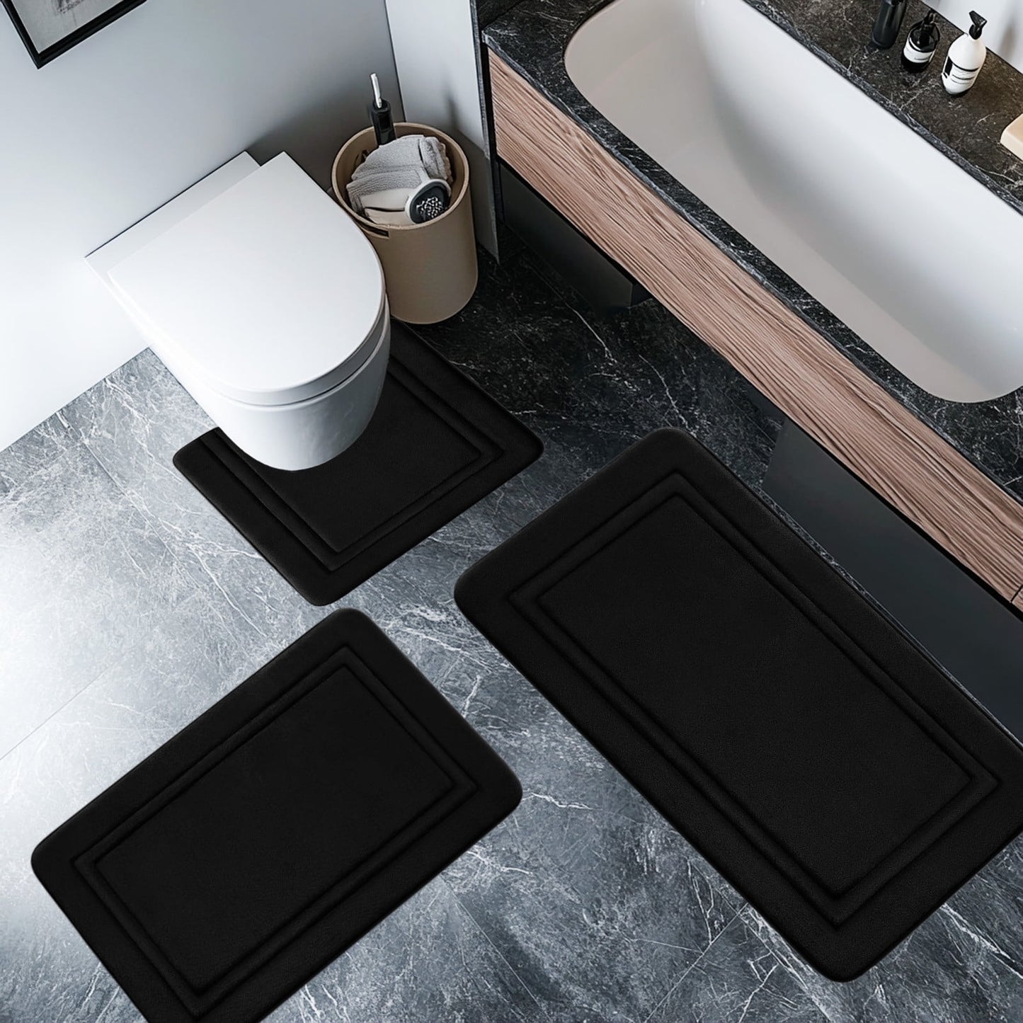 Tyidzon Bathroom Rugs Sets 3 Piece, Bath Mat Universal Soft Comfortable Water Absorption Non Slip Machine Washable Easy Dry Bathroom Mat, Gray Black